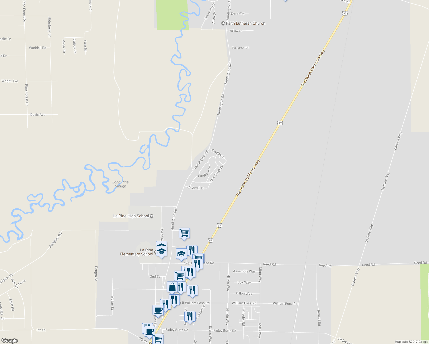 map of restaurants, bars, coffee shops, grocery stores, and more near 51860 Hollinshead Place in La Pine