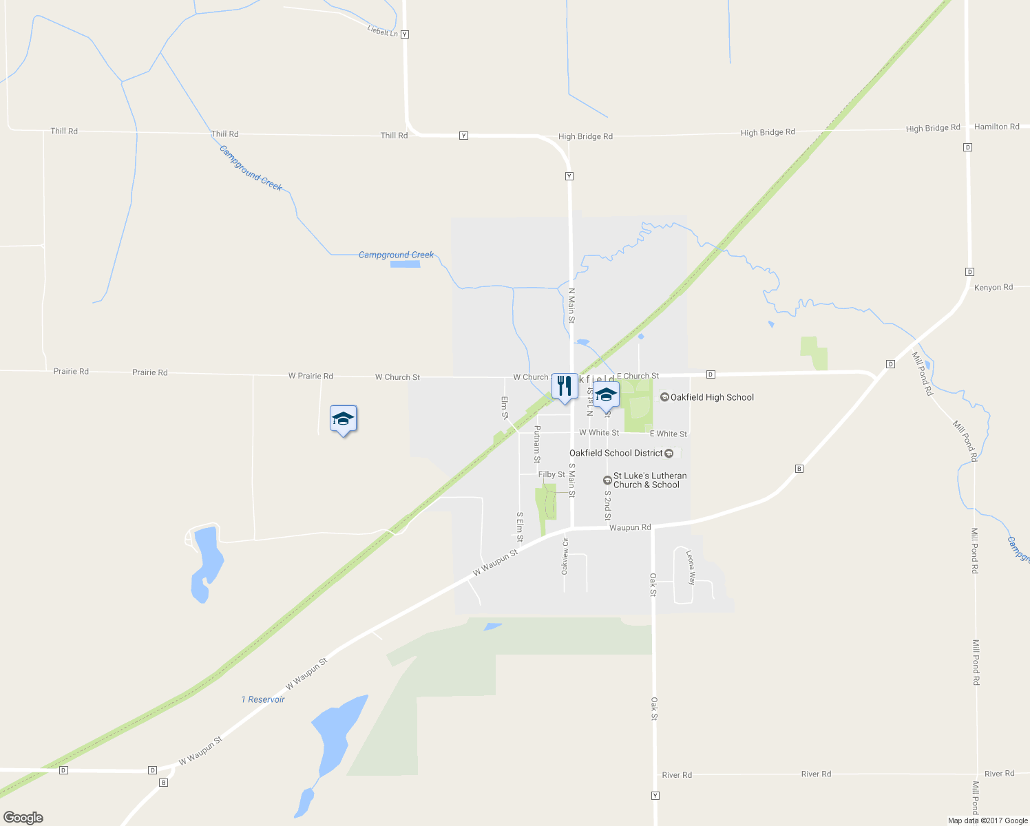map of restaurants, bars, coffee shops, grocery stores, and more near 115 Elm Street in Oakfield