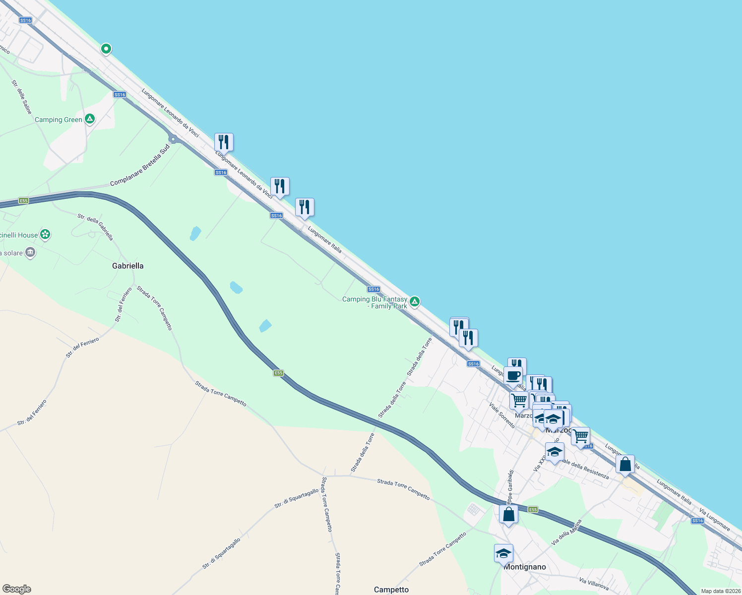 map of restaurants, bars, coffee shops, grocery stores, and more near 10 SS Adriatica Sud in Provincia di Ancona