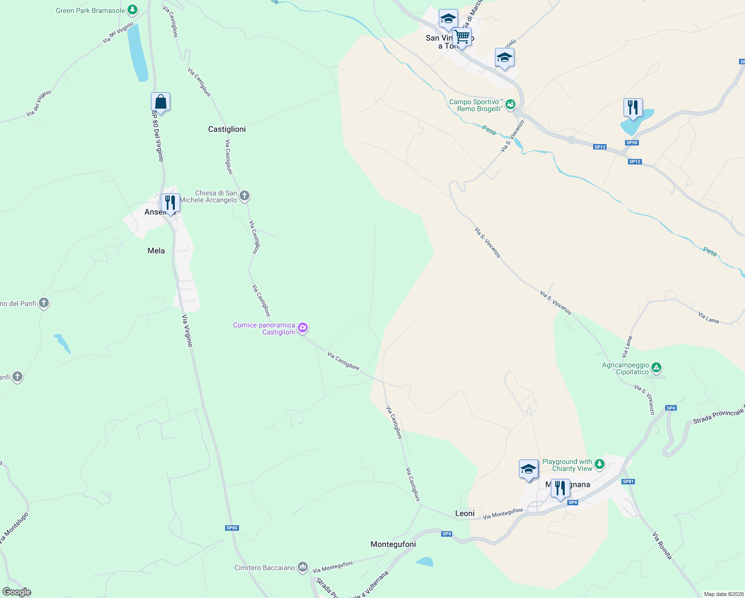 map of restaurants, bars, coffee shops, grocery stores, and more near 8 Via Tortori in Città Metropolitana di Firenze