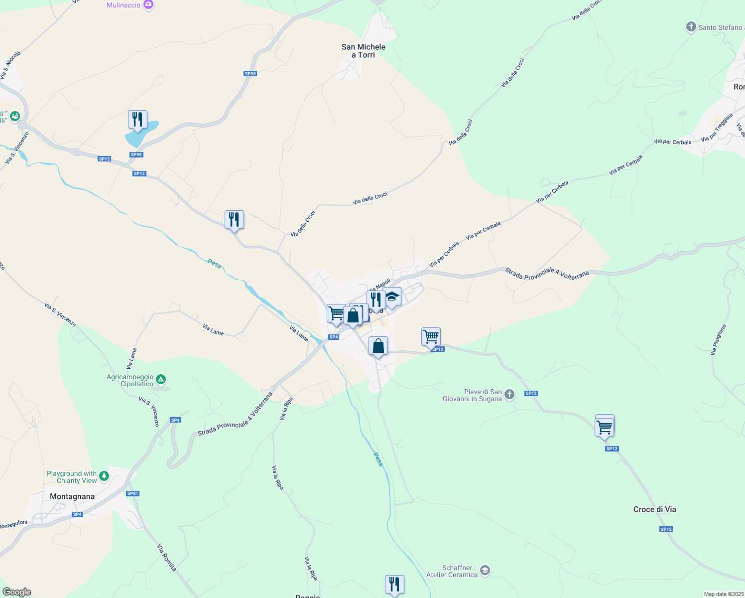 map of restaurants, bars, coffee shops, grocery stores, and more near 34C Via Dorvà Bellucci in Cerbaia