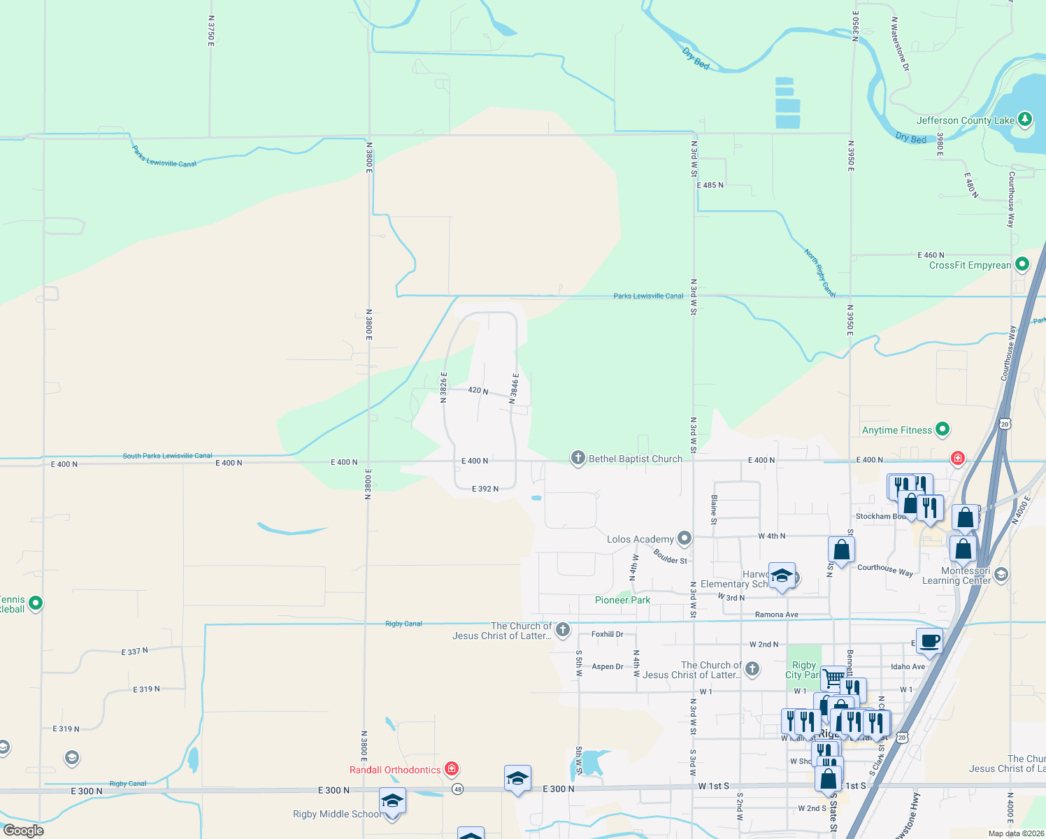 map of restaurants, bars, coffee shops, grocery stores, and more near 412 North 3846 East in Rigby