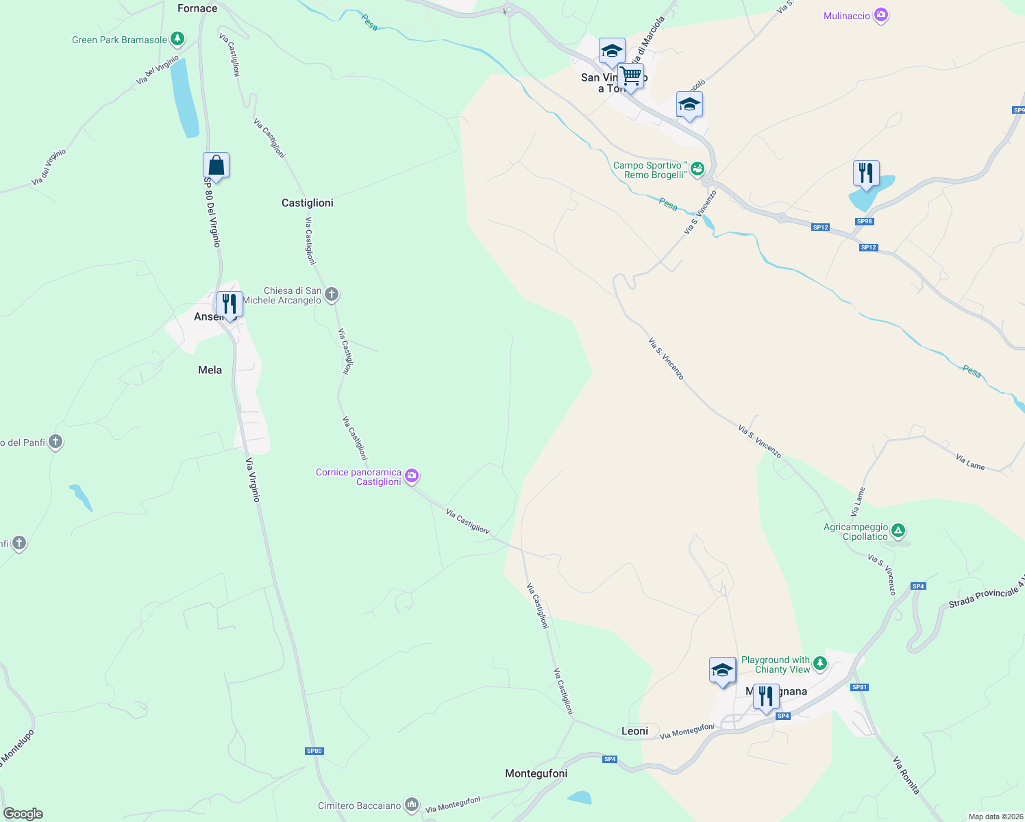 map of restaurants, bars, coffee shops, grocery stores, and more near 8 Via Tortori in Città Metropolitana di Firenze