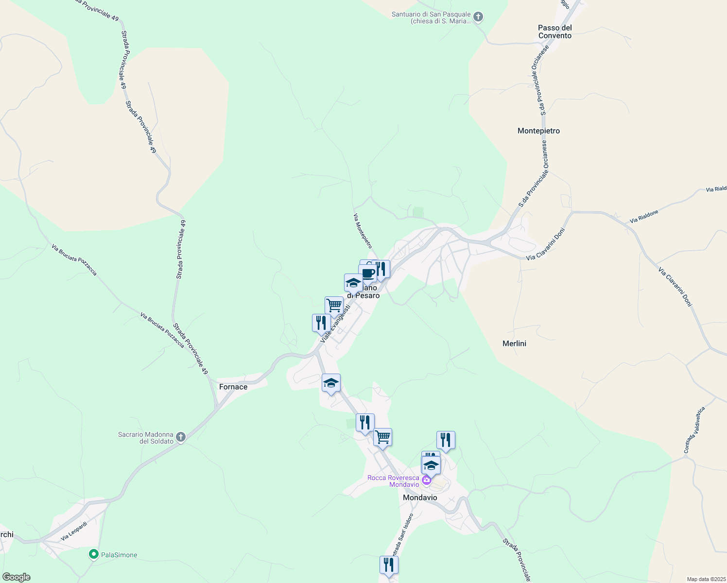 map of restaurants, bars, coffee shops, grocery stores, and more near in Orciano di Pesaro