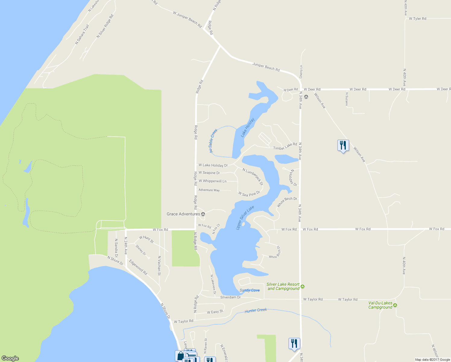 map of restaurants, bars, coffee shops, grocery stores, and more near 8235 West Whipperwill Lane in Mears