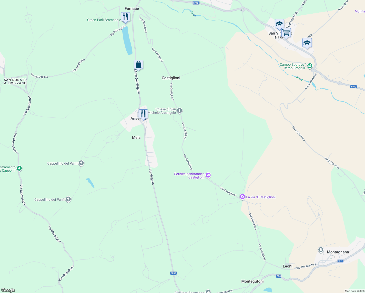 map of restaurants, bars, coffee shops, grocery stores, and more near 26 Via Castiglioni in Città Metropolitana di Firenze