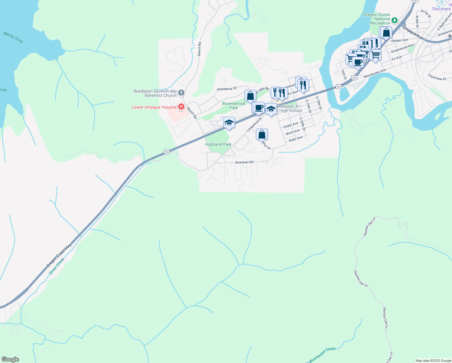 map of restaurants, bars, coffee shops, grocery stores, and more near 910 Bellevue Drive in Reedsport