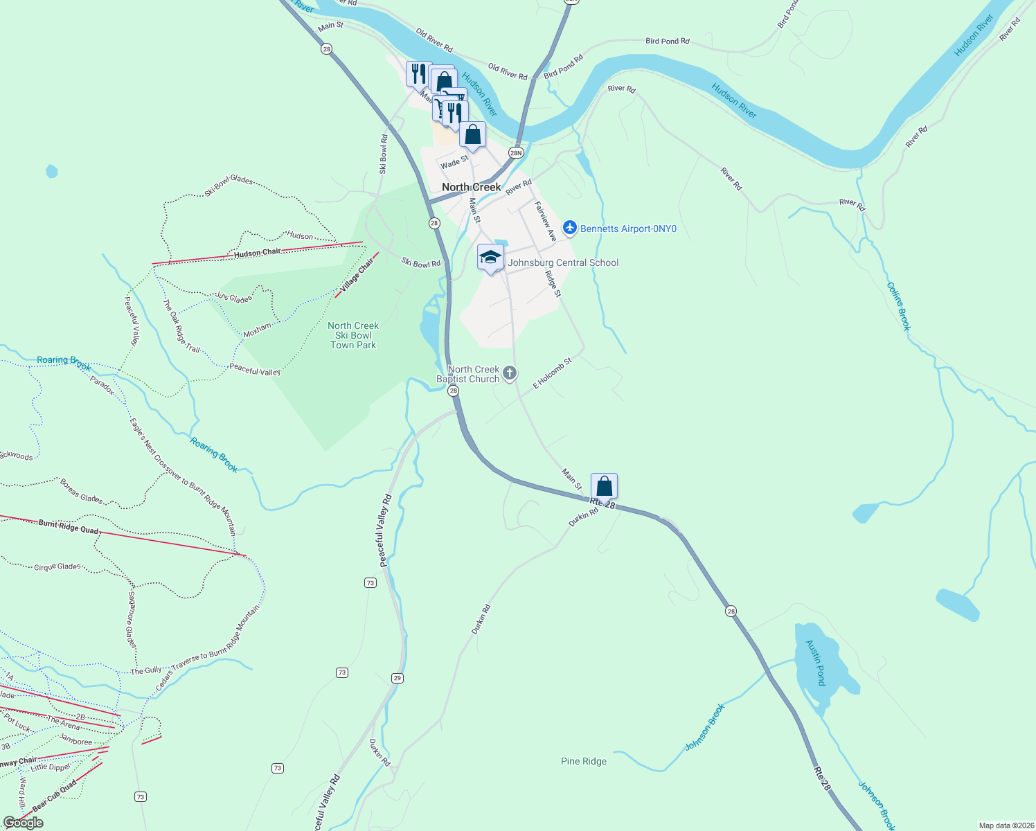 map of restaurants, bars, coffee shops, grocery stores, and more near 69 Main St in North Creek