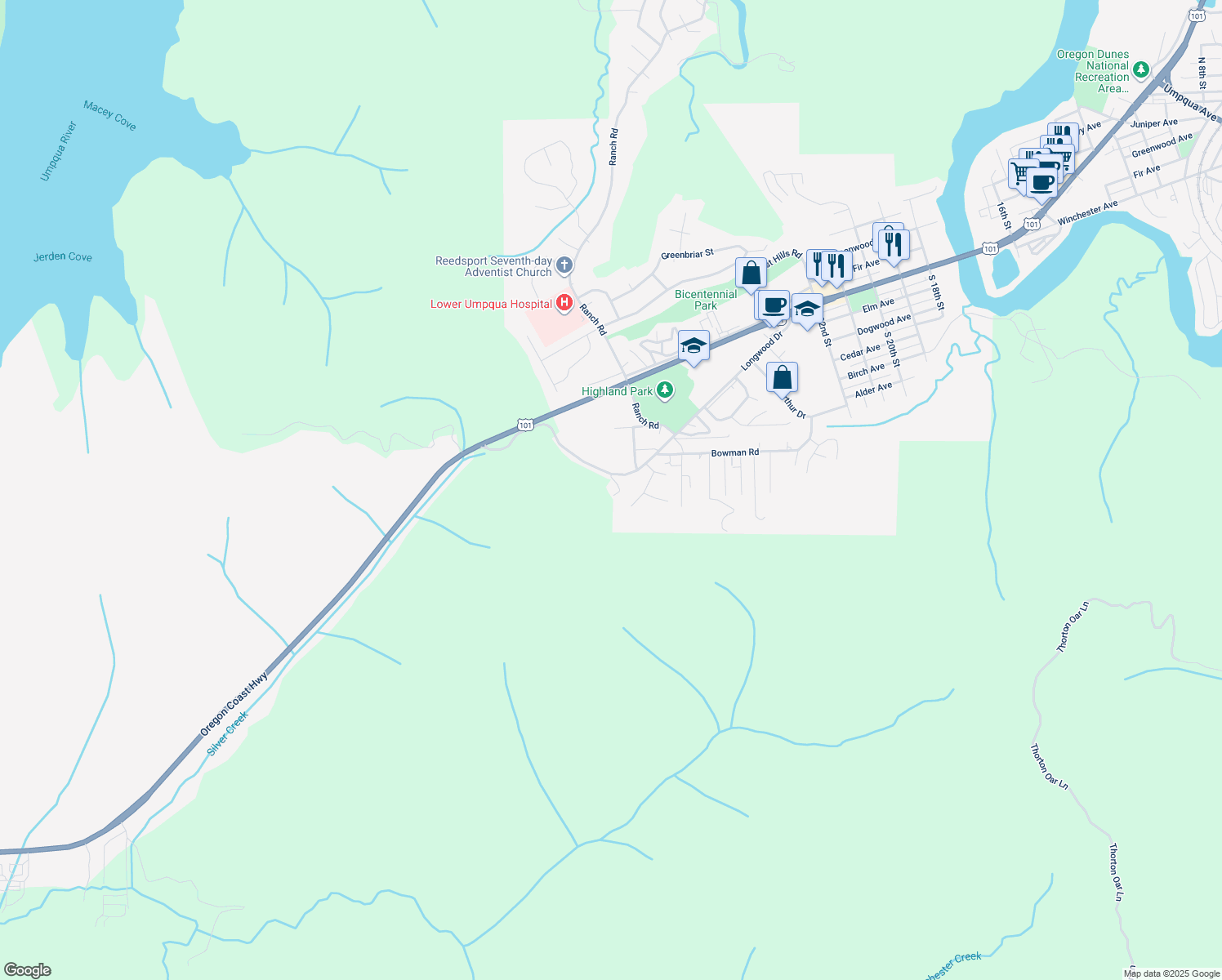 map of restaurants, bars, coffee shops, grocery stores, and more near 3100 Longwood Drive in Reedsport