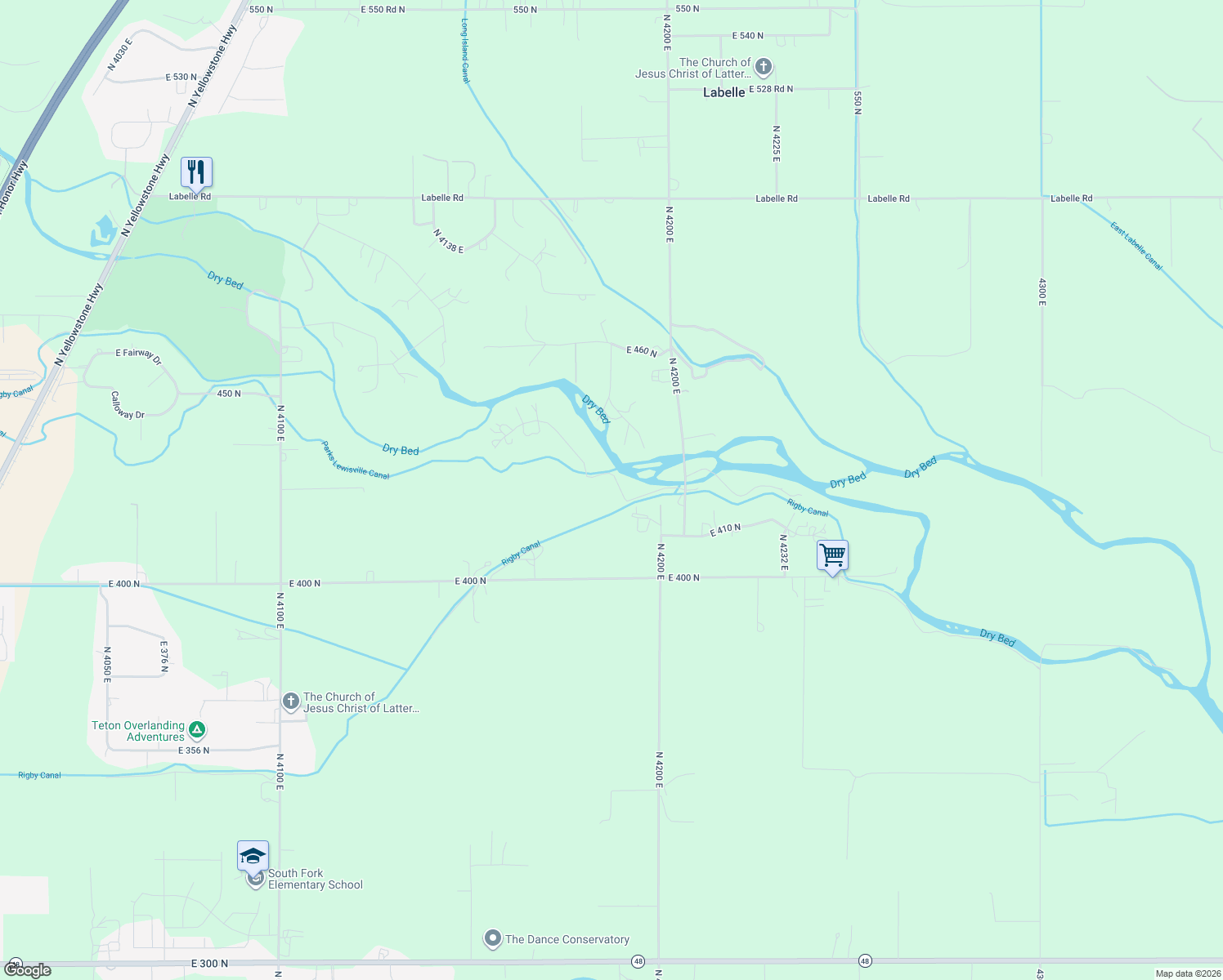 map of restaurants, bars, coffee shops, grocery stores, and more near 4182 East 421 North in Rigby