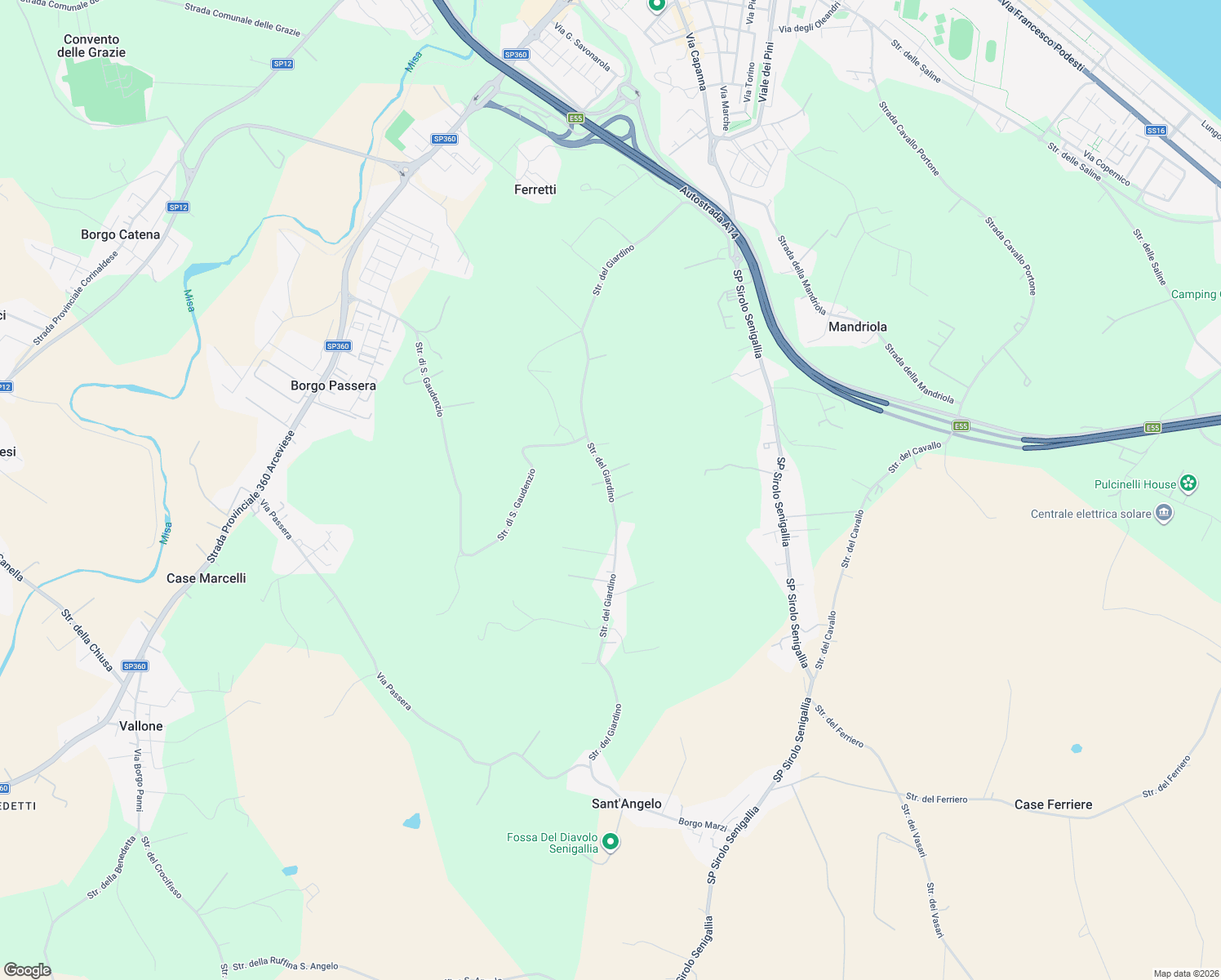 map of restaurants, bars, coffee shops, grocery stores, and more near 173 Strada del Giardino in Provincia di Ancona