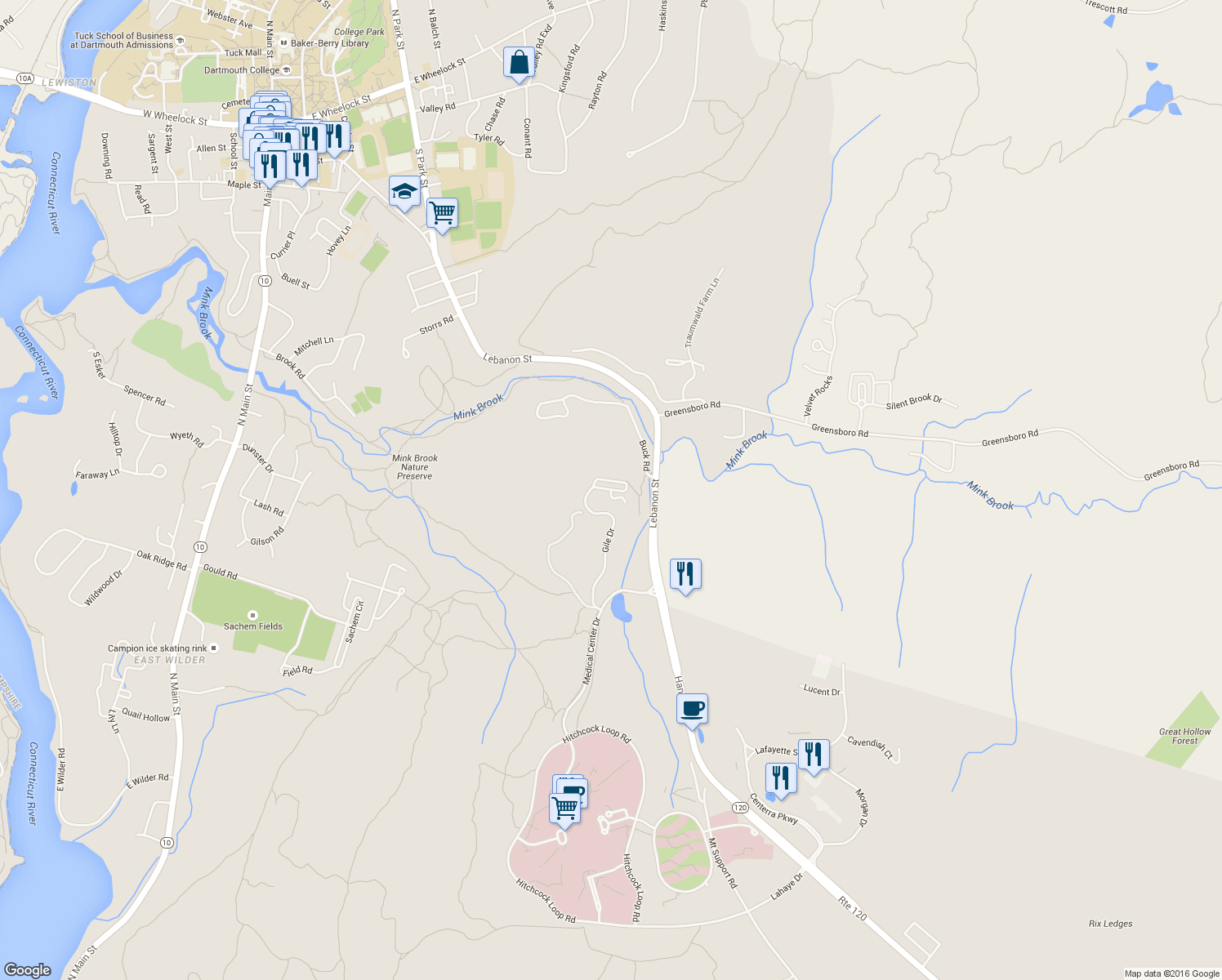 map of restaurants, bars, coffee shops, grocery stores, and more near White Pine Oval in Hanover