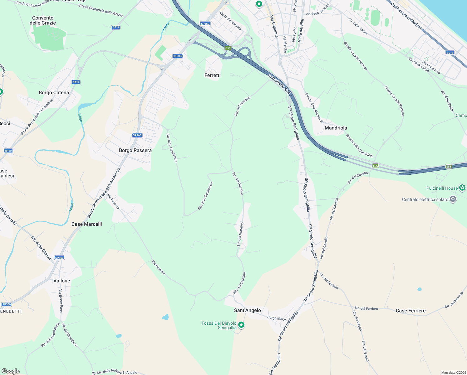 map of restaurants, bars, coffee shops, grocery stores, and more near 173 Strada del Giardino in Provincia di Ancona