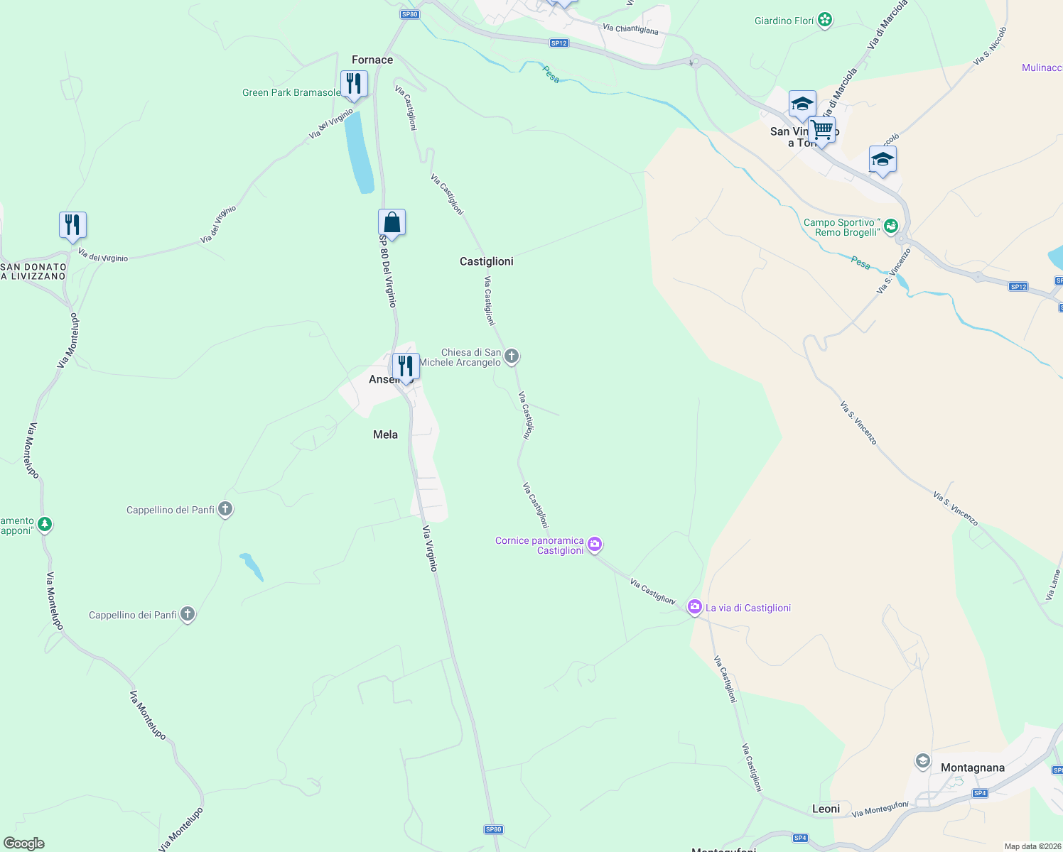 map of restaurants, bars, coffee shops, grocery stores, and more near 26 Via Castiglioni in Città Metropolitana di Firenze