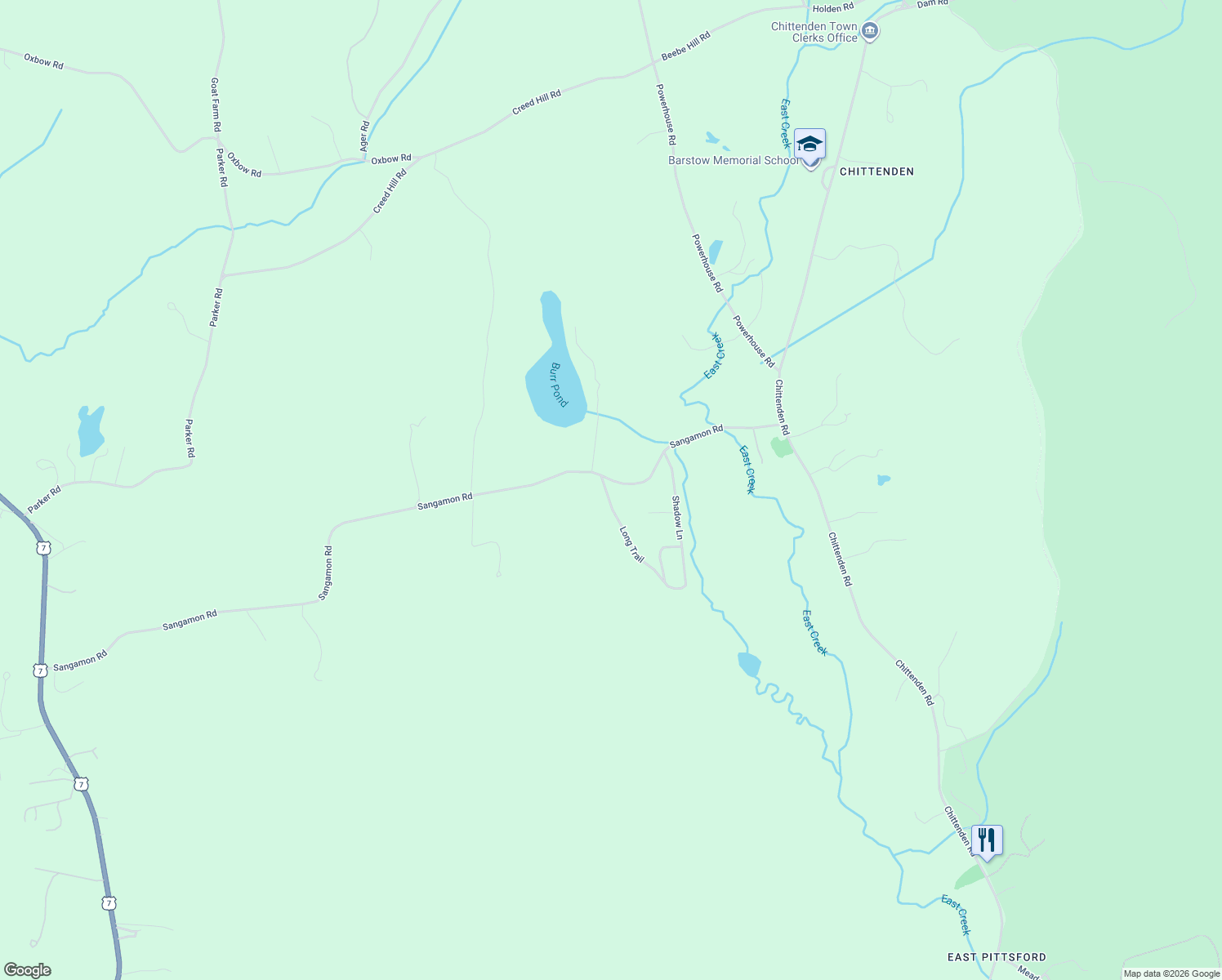 map of restaurants, bars, coffee shops, grocery stores, and more near 1724 Sangamon Road in Rutland