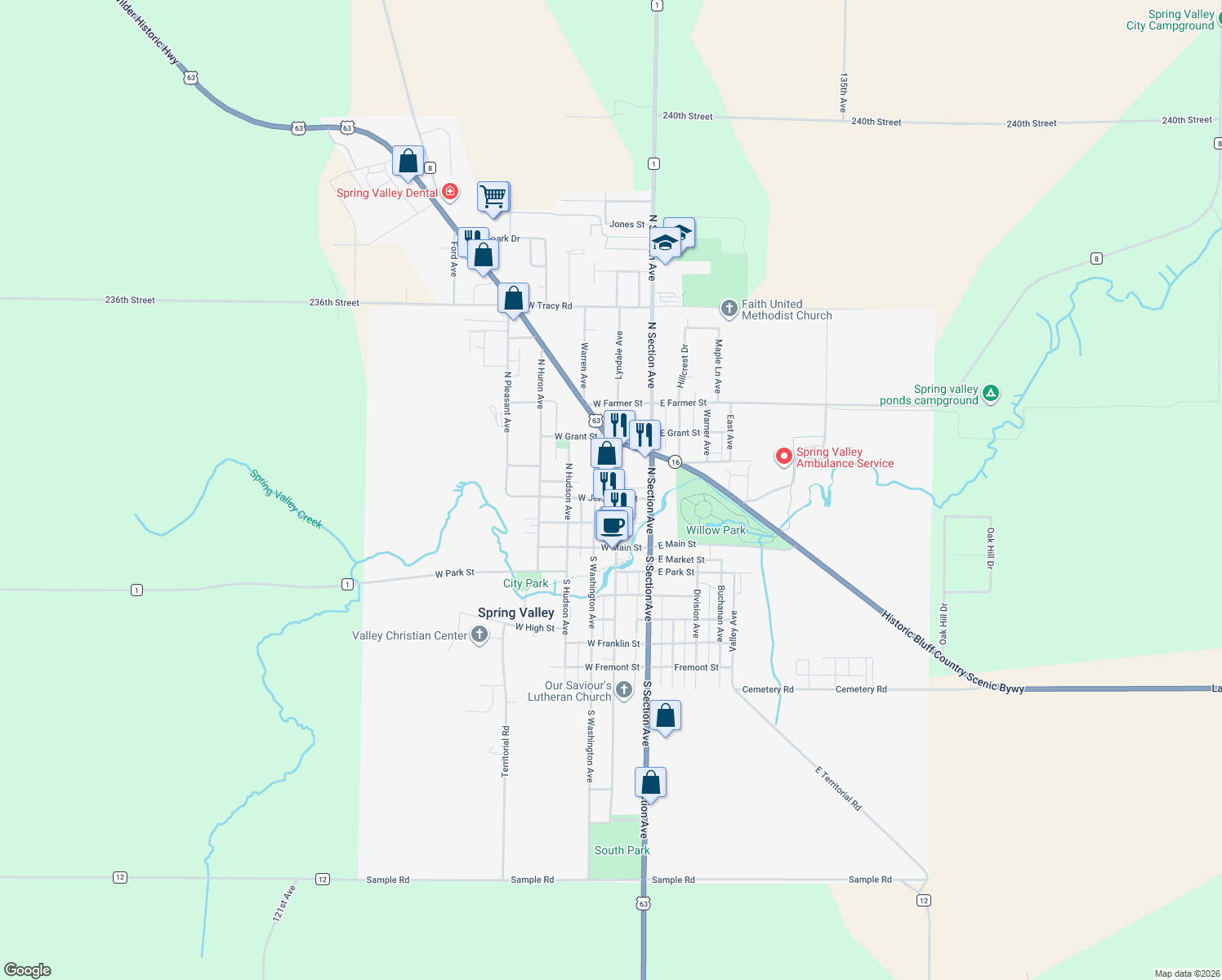 map of restaurants, bars, coffee shops, grocery stores, and more near 208 North Broadway Avenue in Spring Valley
