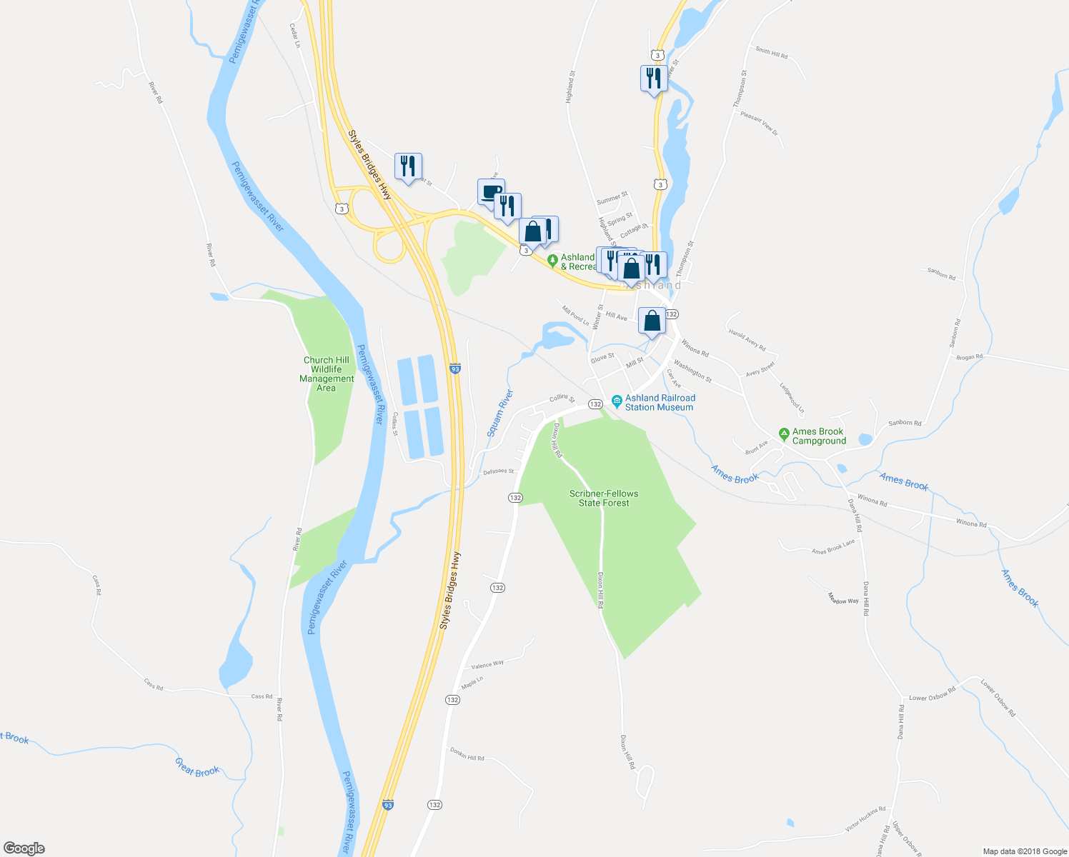 map of restaurants, bars, coffee shops, grocery stores, and more near 72 Depot Street in Ashland