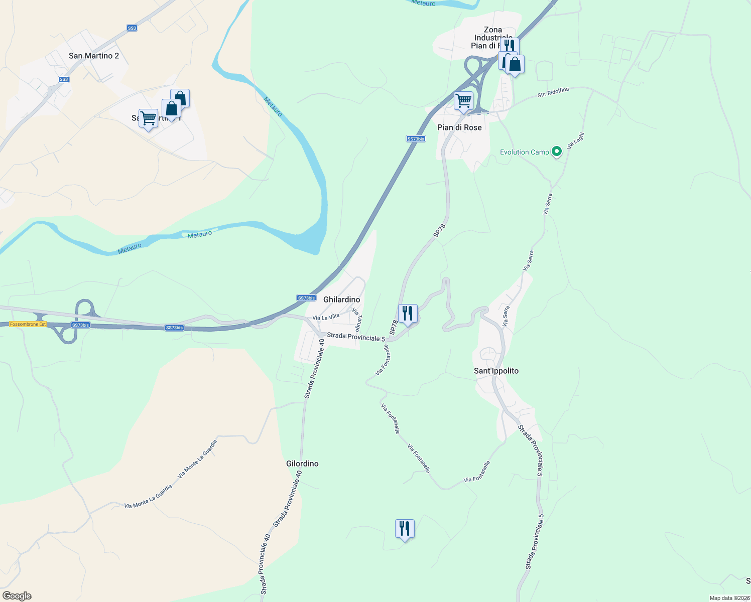 map of restaurants, bars, coffee shops, grocery stores, and more near 12 Via Tarugo in Ghilardino