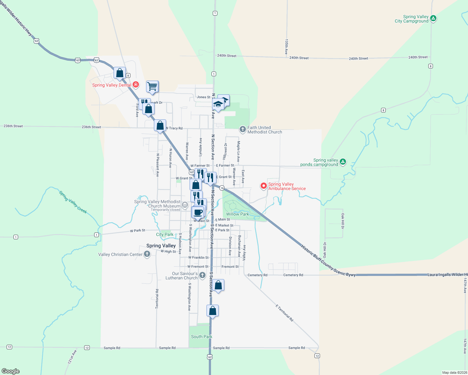 map of restaurants, bars, coffee shops, grocery stores, and more near 304 Warner Avenue in Spring Valley