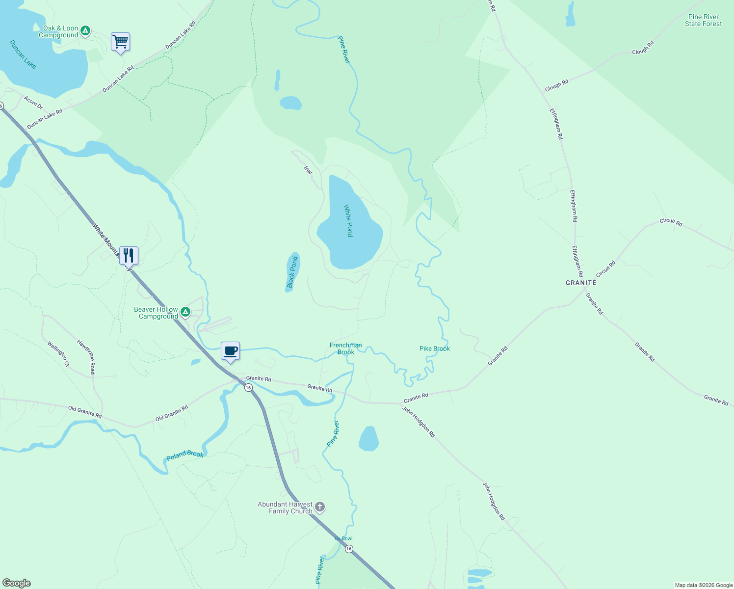 map of restaurants, bars, coffee shops, grocery stores, and more near 32 White Pond Road in Ossipee