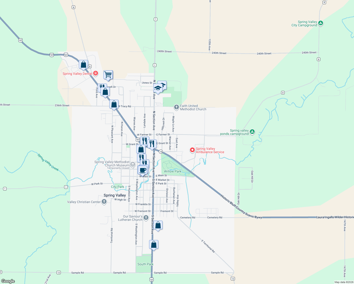 map of restaurants, bars, coffee shops, grocery stores, and more near 412 East Ave in Spring Valley