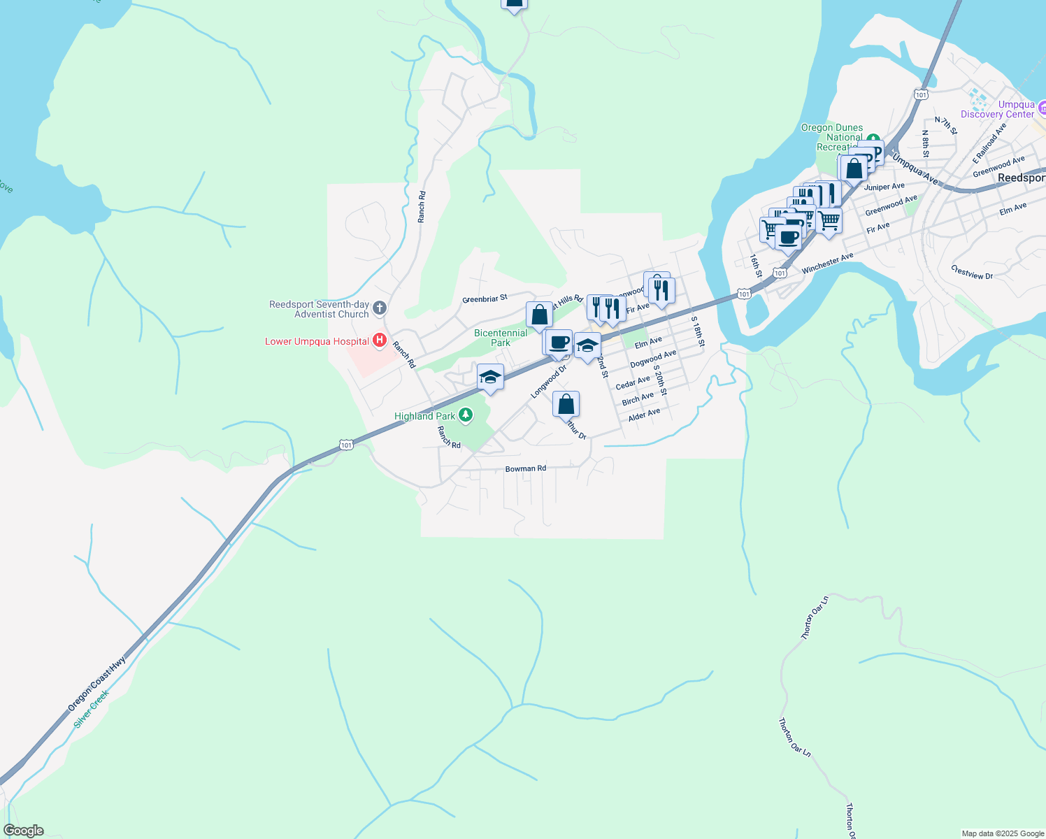 map of restaurants, bars, coffee shops, grocery stores, and more near 2632 Longwood Drive in Reedsport