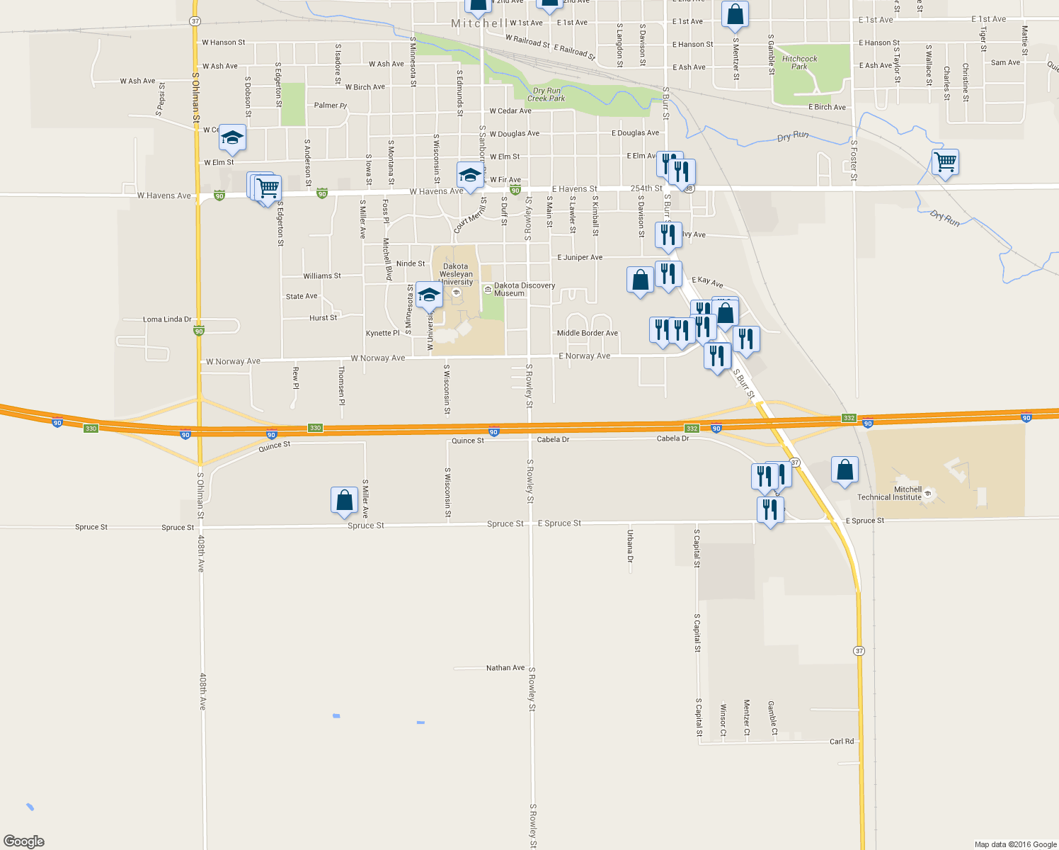 map of restaurants, bars, coffee shops, grocery stores, and more near Highway 37 in Mitchell