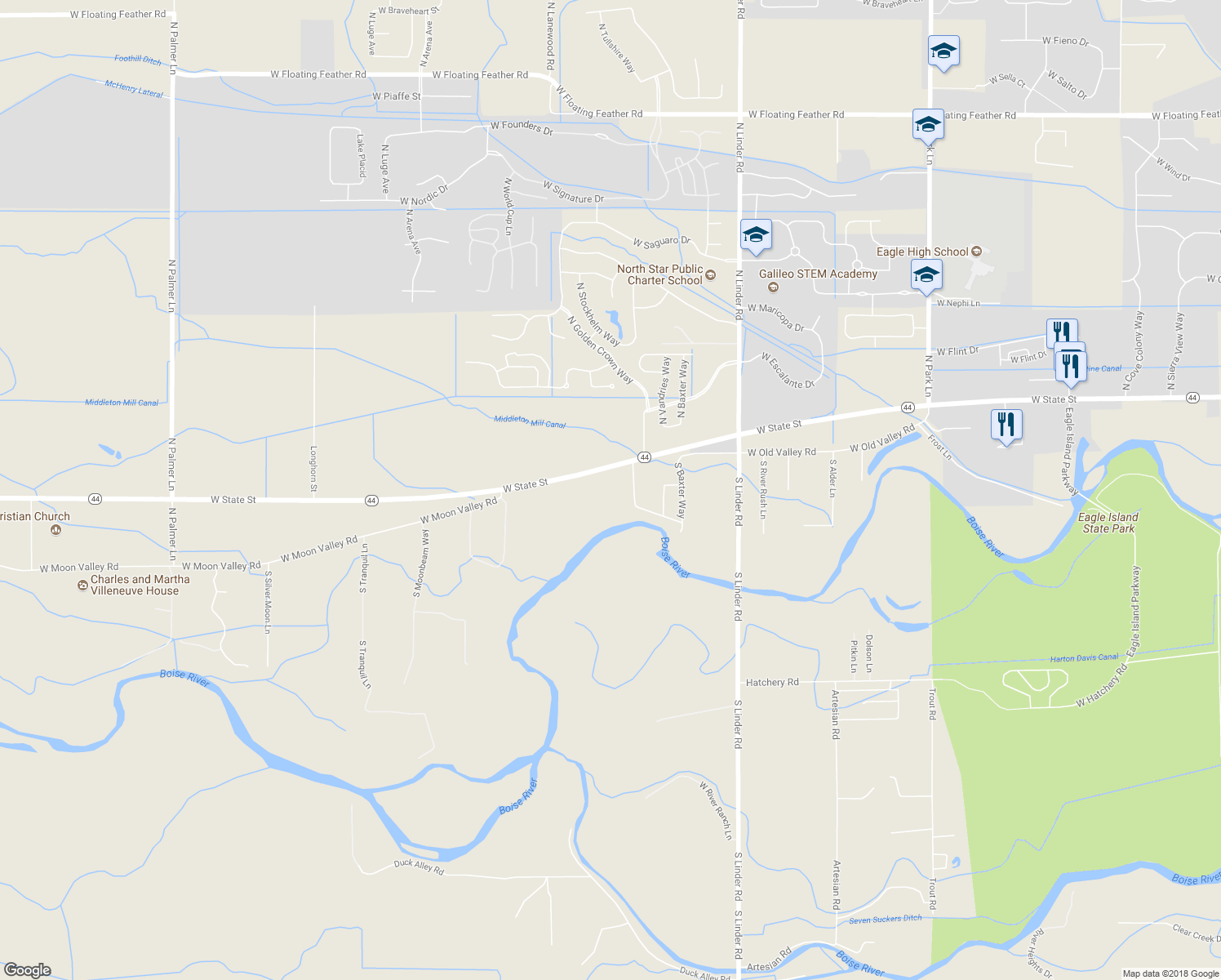 map of restaurants, bars, coffee shops, grocery stores, and more near 5337 West State Street in Eagle