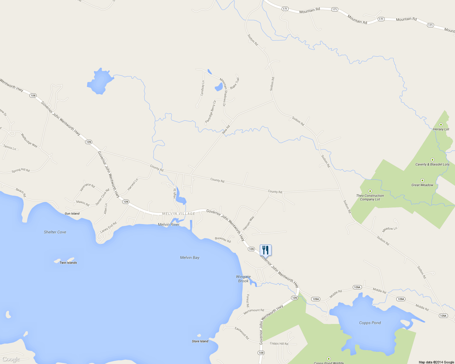 map of restaurants, bars, coffee shops, grocery stores, and more near 62 County Road in Moultonborough