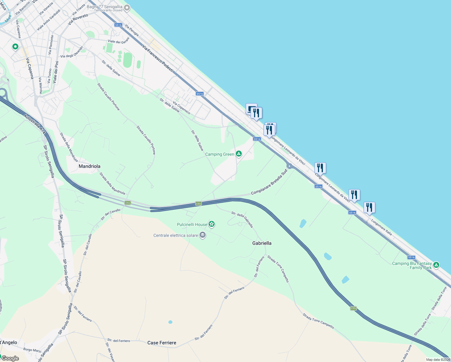 map of restaurants, bars, coffee shops, grocery stores, and more near 8B Strada dell'Alderana in Provincia di Ancona