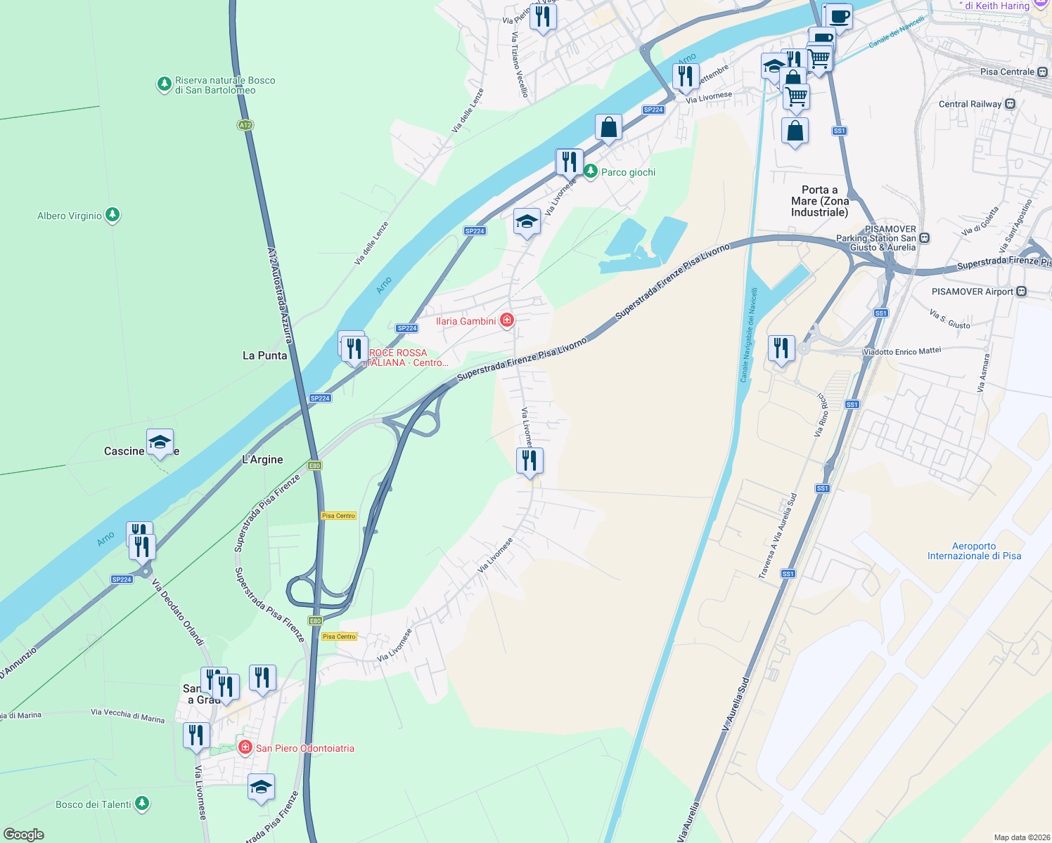 map of restaurants, bars, coffee shops, grocery stores, and more near 428 Via Livornese in Pisa