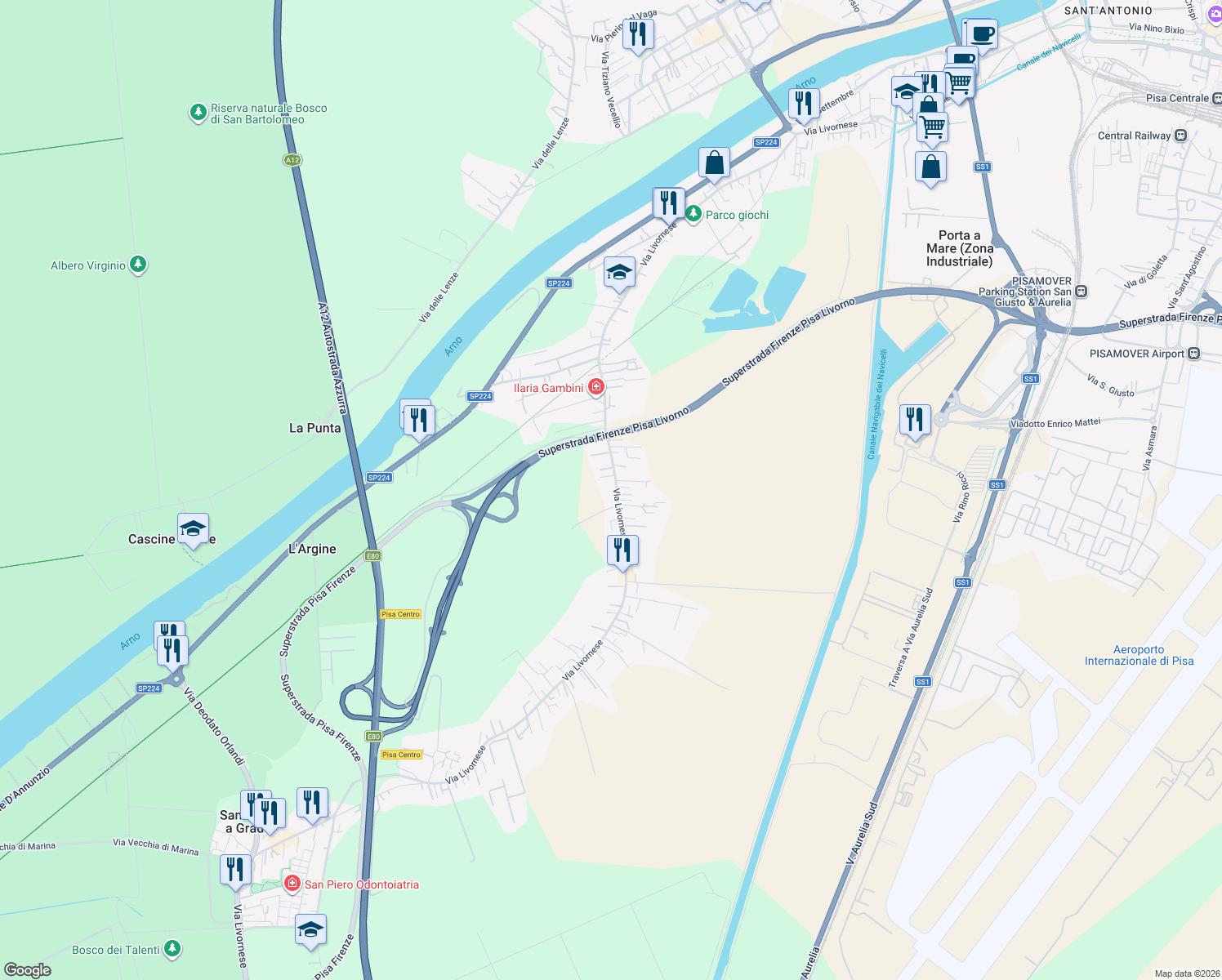 map of restaurants, bars, coffee shops, grocery stores, and more near 428 Via Livornese in Pisa