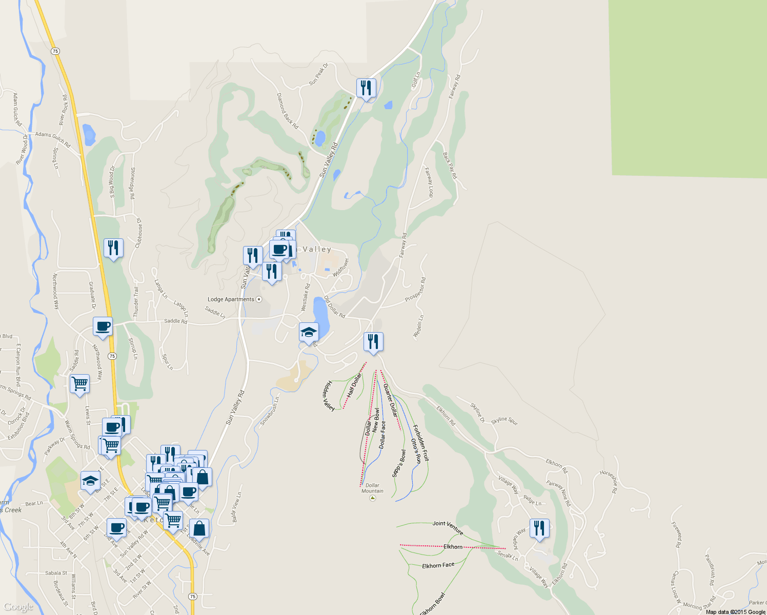 map of restaurants, bars, coffee shops, grocery stores, and more near 200 Prospector Road in Hailey
