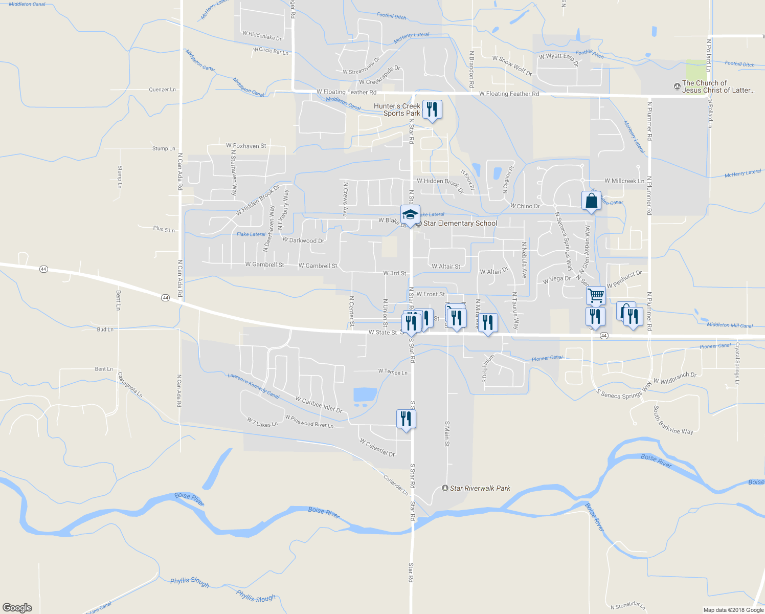 map of restaurants, bars, coffee shops, grocery stores, and more near 111 North Union Street in Star