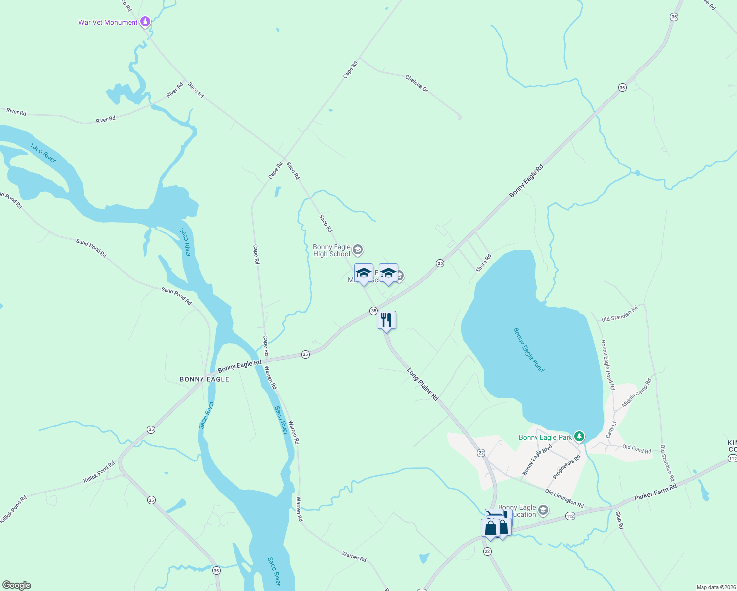 map of restaurants, bars, coffee shops, grocery stores, and more near Long Plains Rd. in Buxton