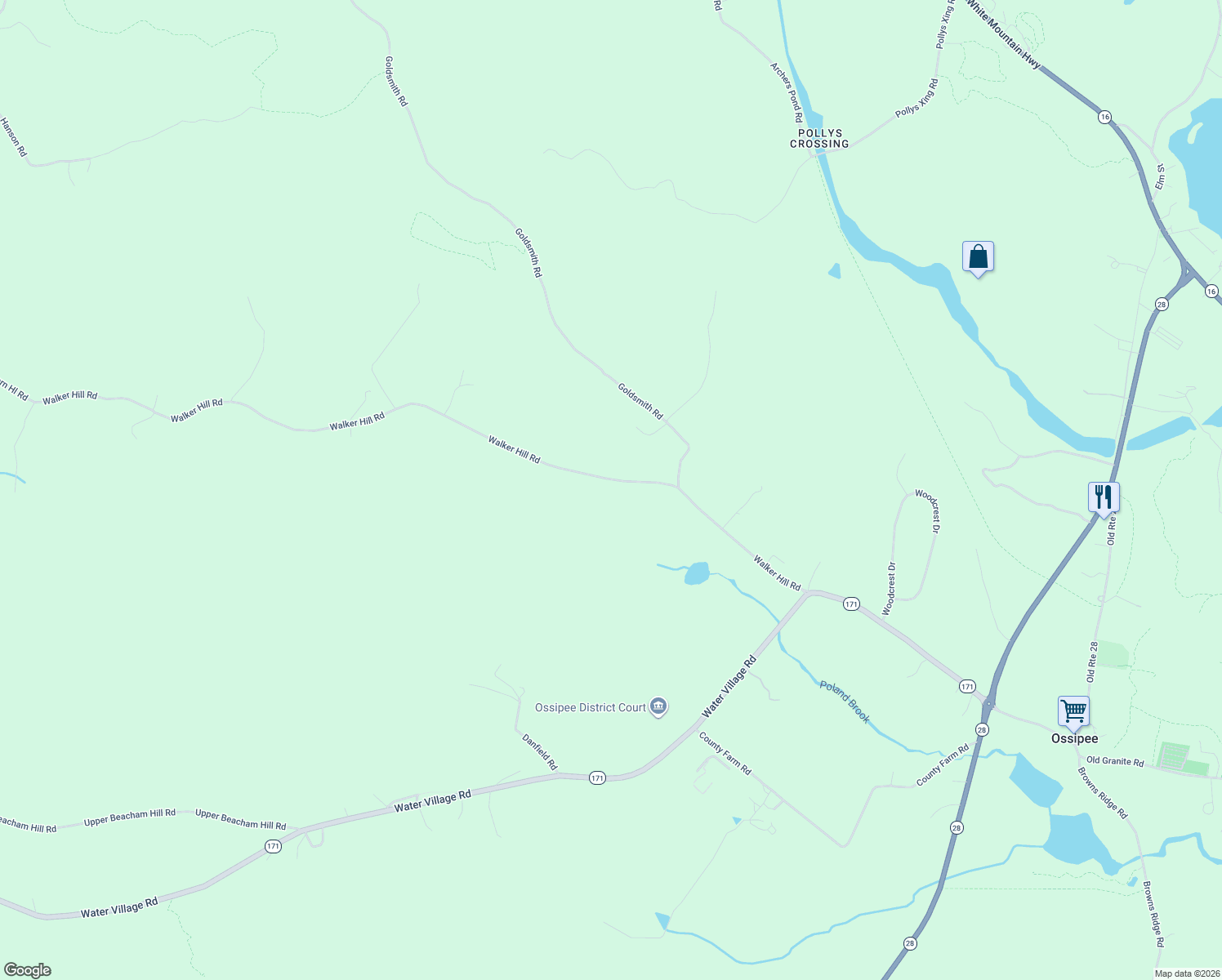 map of restaurants, bars, coffee shops, grocery stores, and more near 65 Walker Hill Road in Ossipee