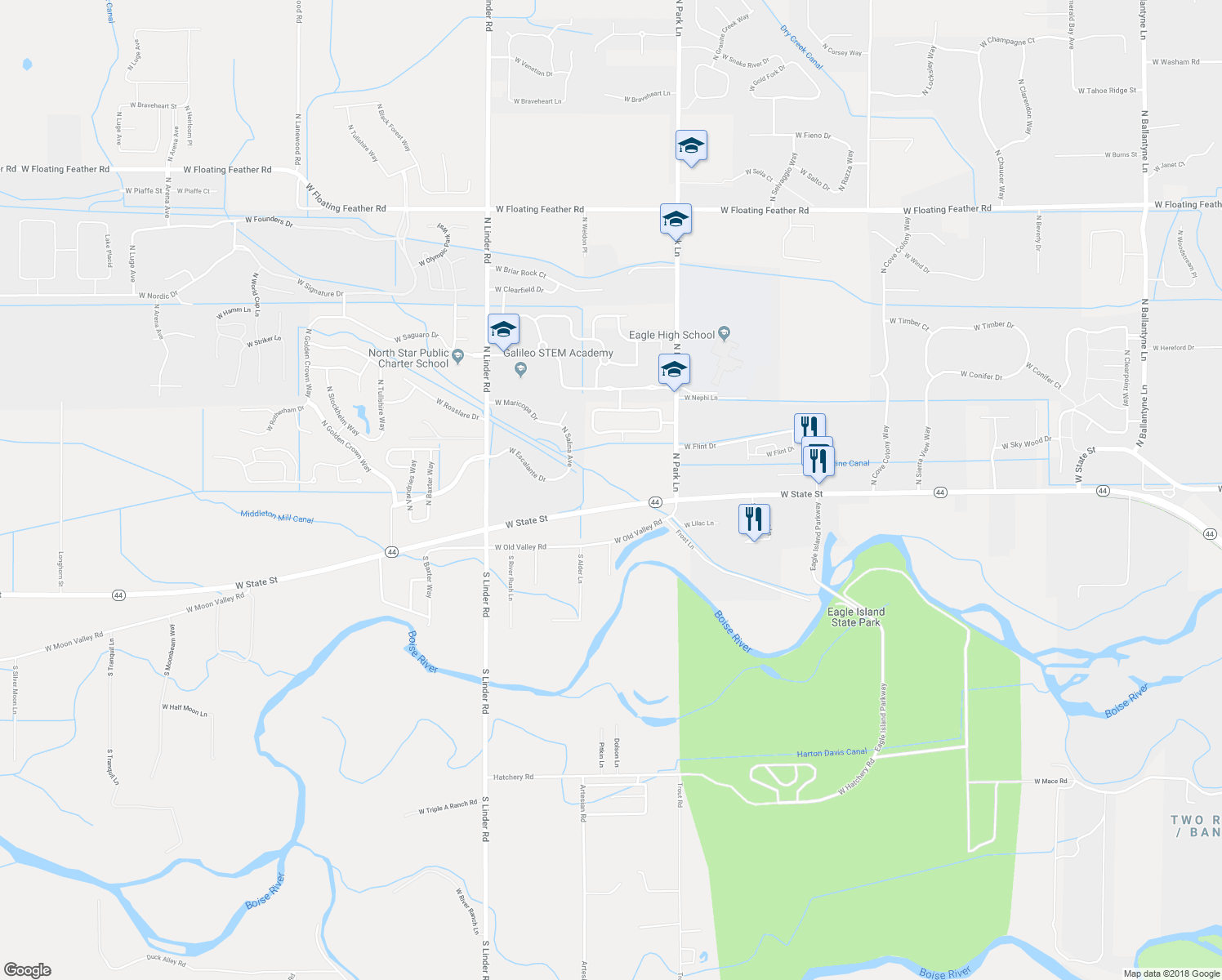 map of restaurants, bars, coffee shops, grocery stores, and more near 4162 West State Street in Eagle