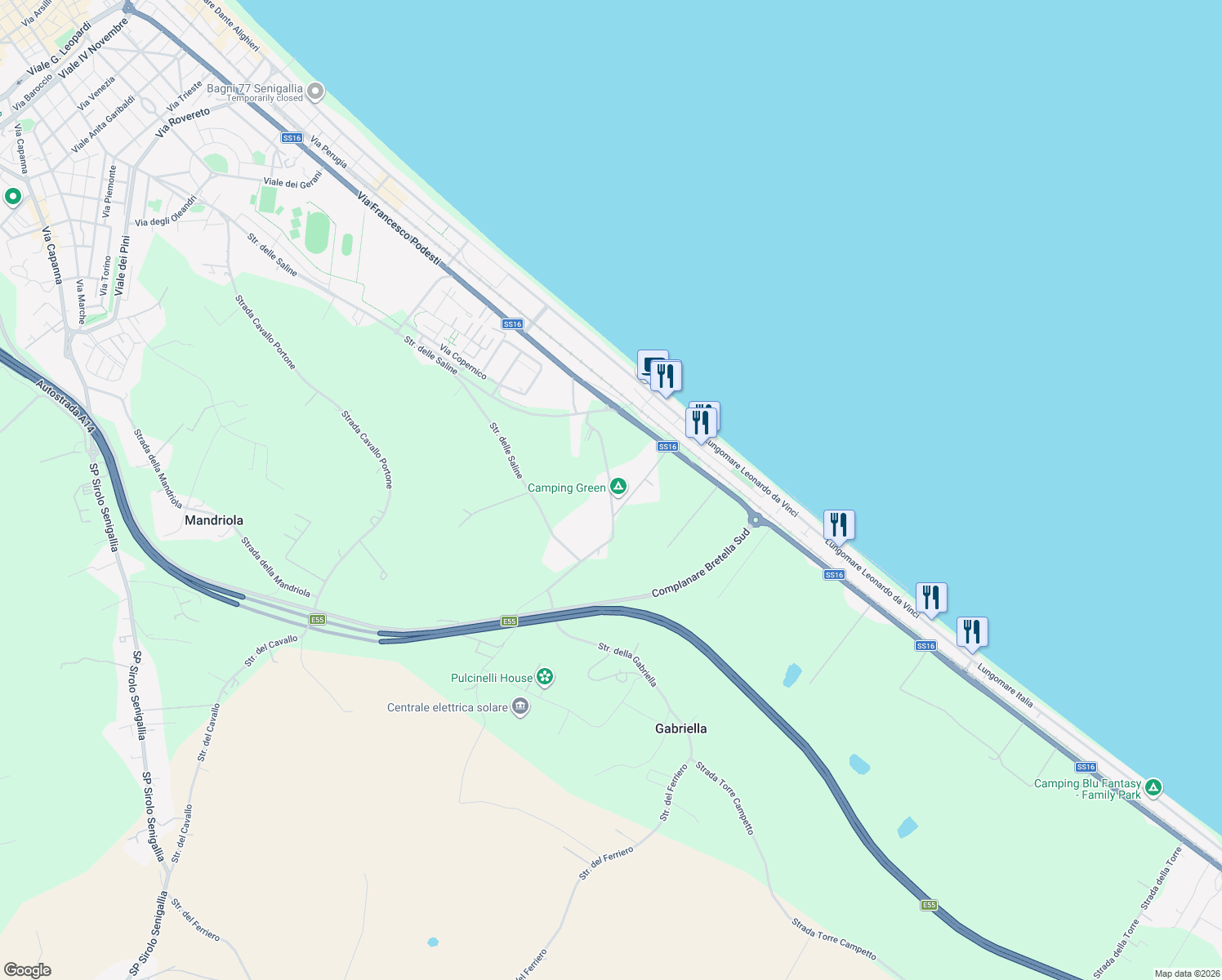 map of restaurants, bars, coffee shops, grocery stores, and more near Via dell'Alderana in Province of Ancona