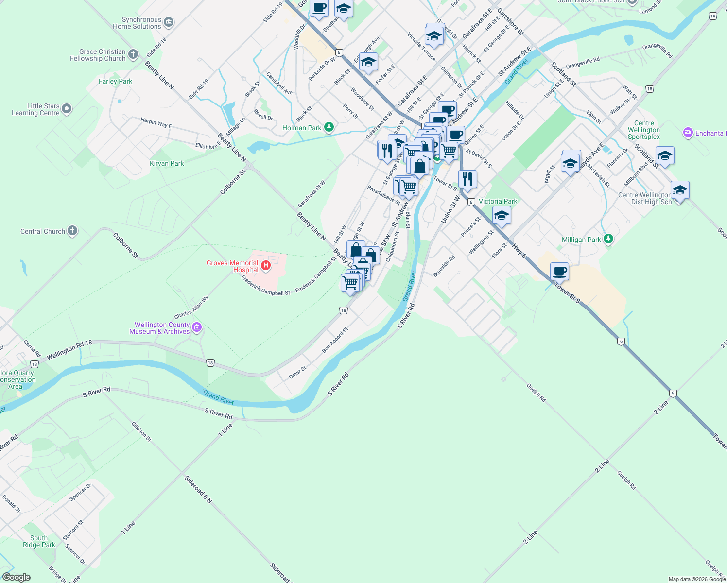 map of restaurants, bars, coffee shops, grocery stores, and more near 784 Fergus Street in Fergus