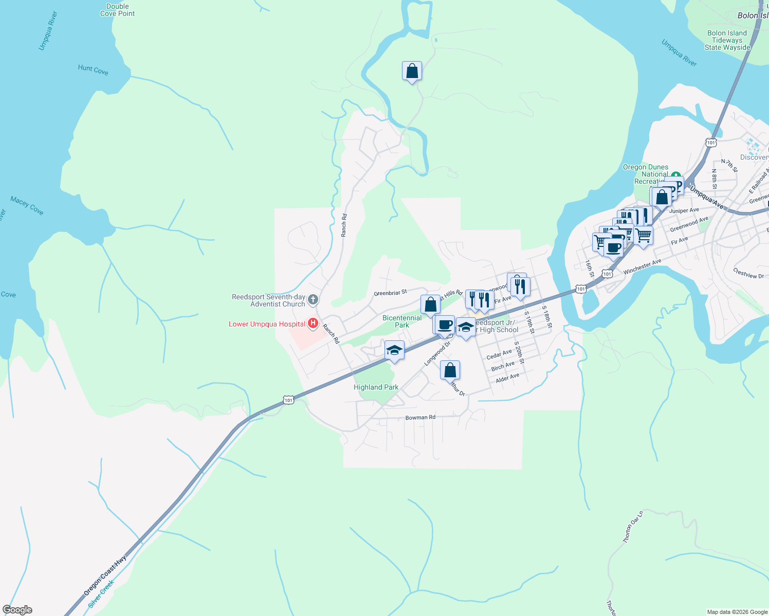 map of restaurants, bars, coffee shops, grocery stores, and more near 2940 Ridgeway Drive in Reedsport