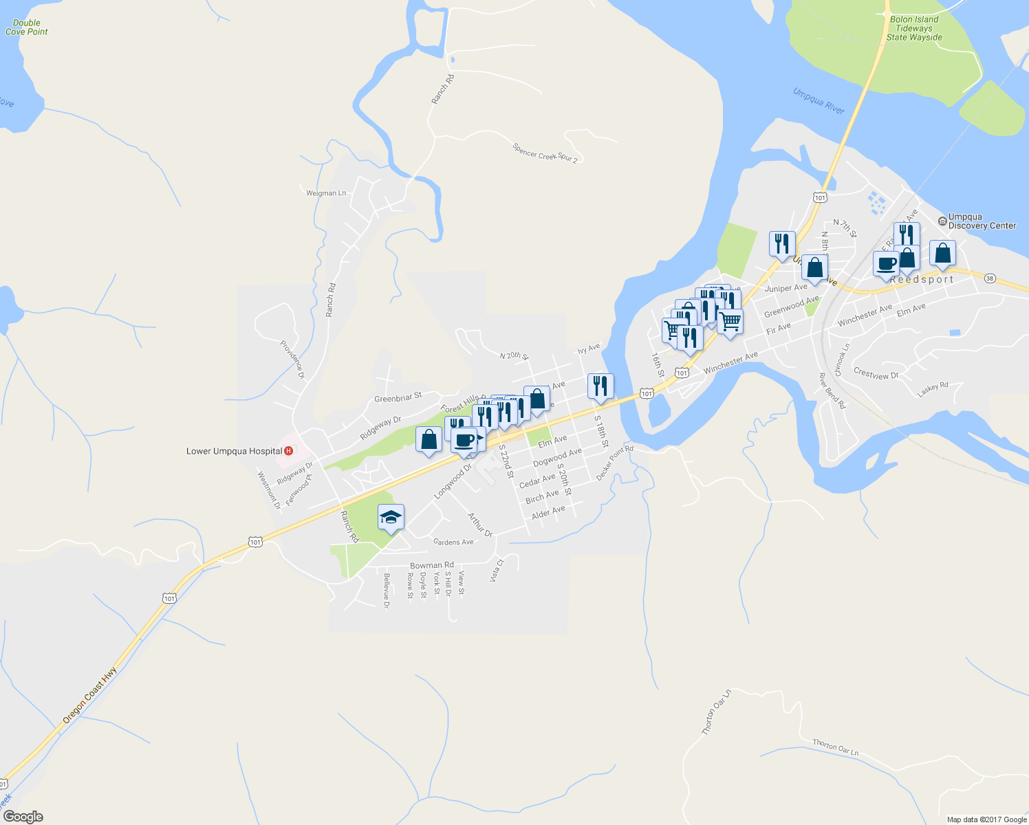 map of restaurants, bars, coffee shops, grocery stores, and more near 2107 Fir Avenue in Reedsport