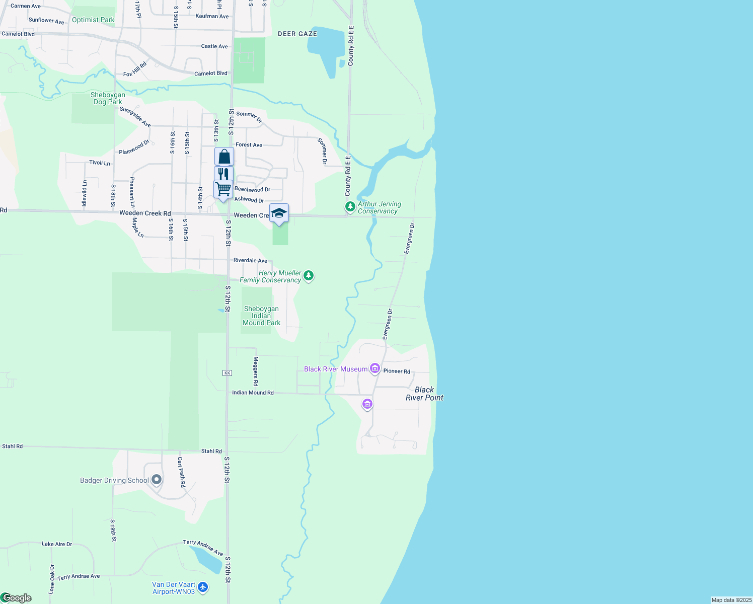 map of restaurants, bars, coffee shops, grocery stores, and more near 428 Juniper Dr in Sheboygan