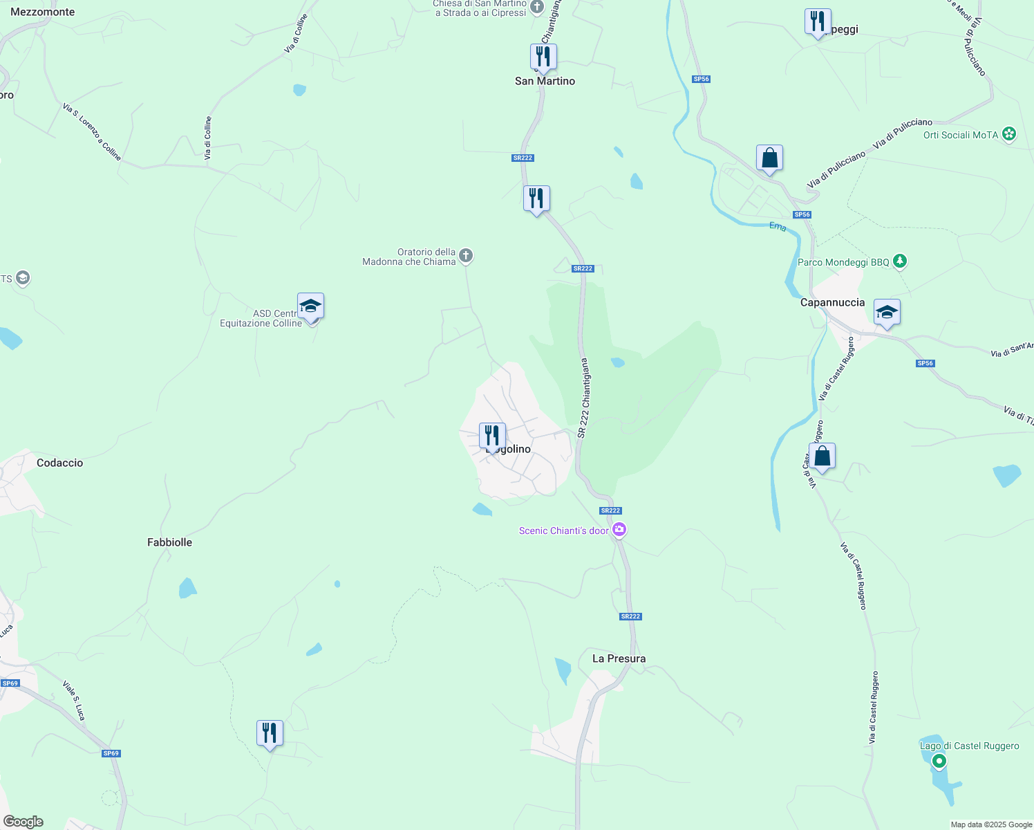 map of restaurants, bars, coffee shops, grocery stores, and more near 39 Via di Poggio Ugolino in L'ugolino