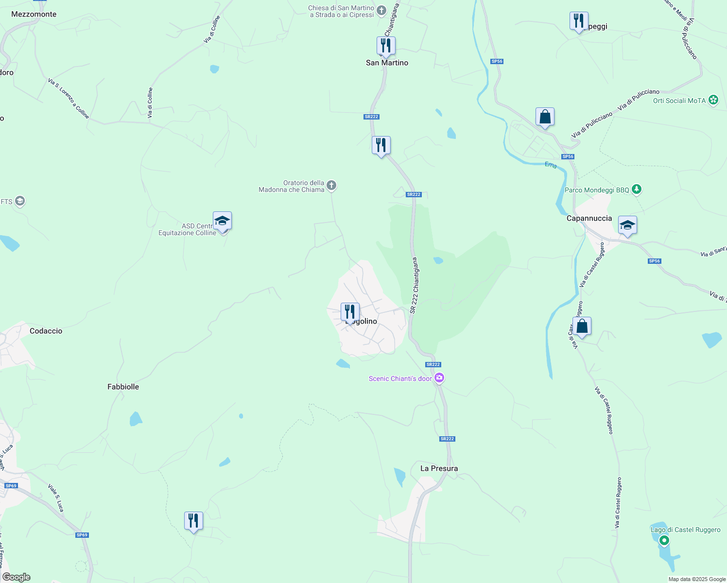 map of restaurants, bars, coffee shops, grocery stores, and more near 39A Via di Poggio Ugolino in L'ugolino