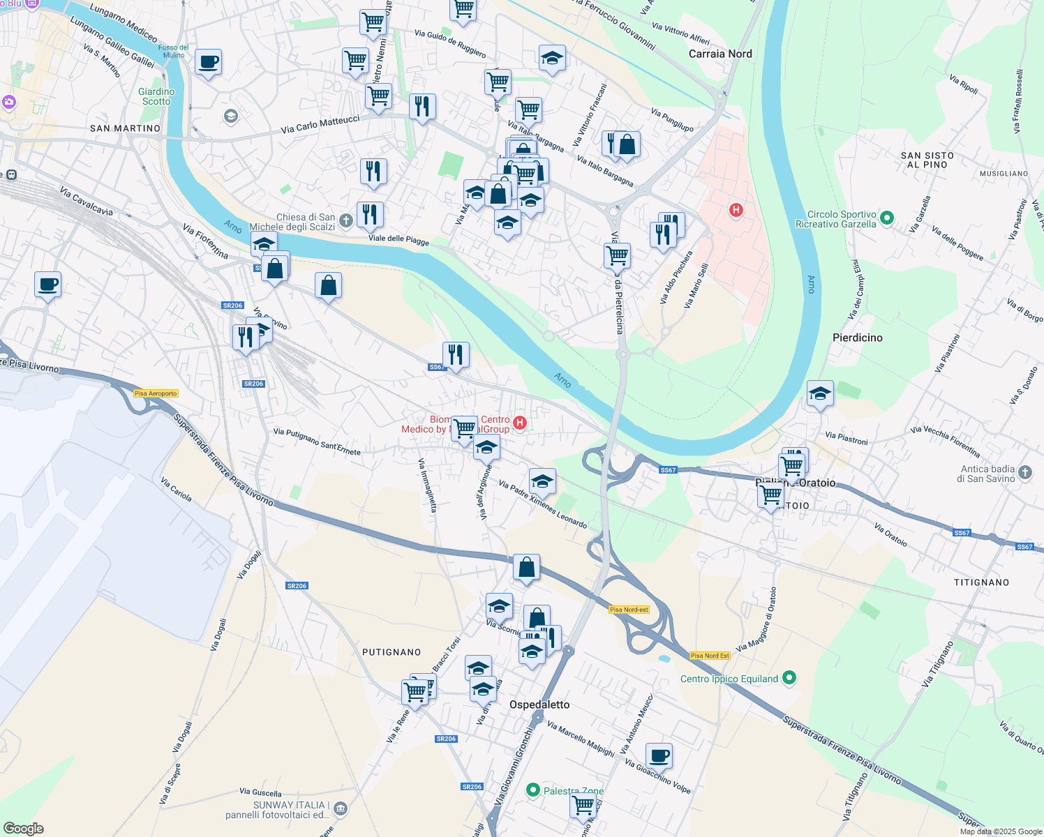 map of restaurants, bars, coffee shops, grocery stores, and more near 20 Via Bosso Emilia in Palazzi Trivelli in Pisa
