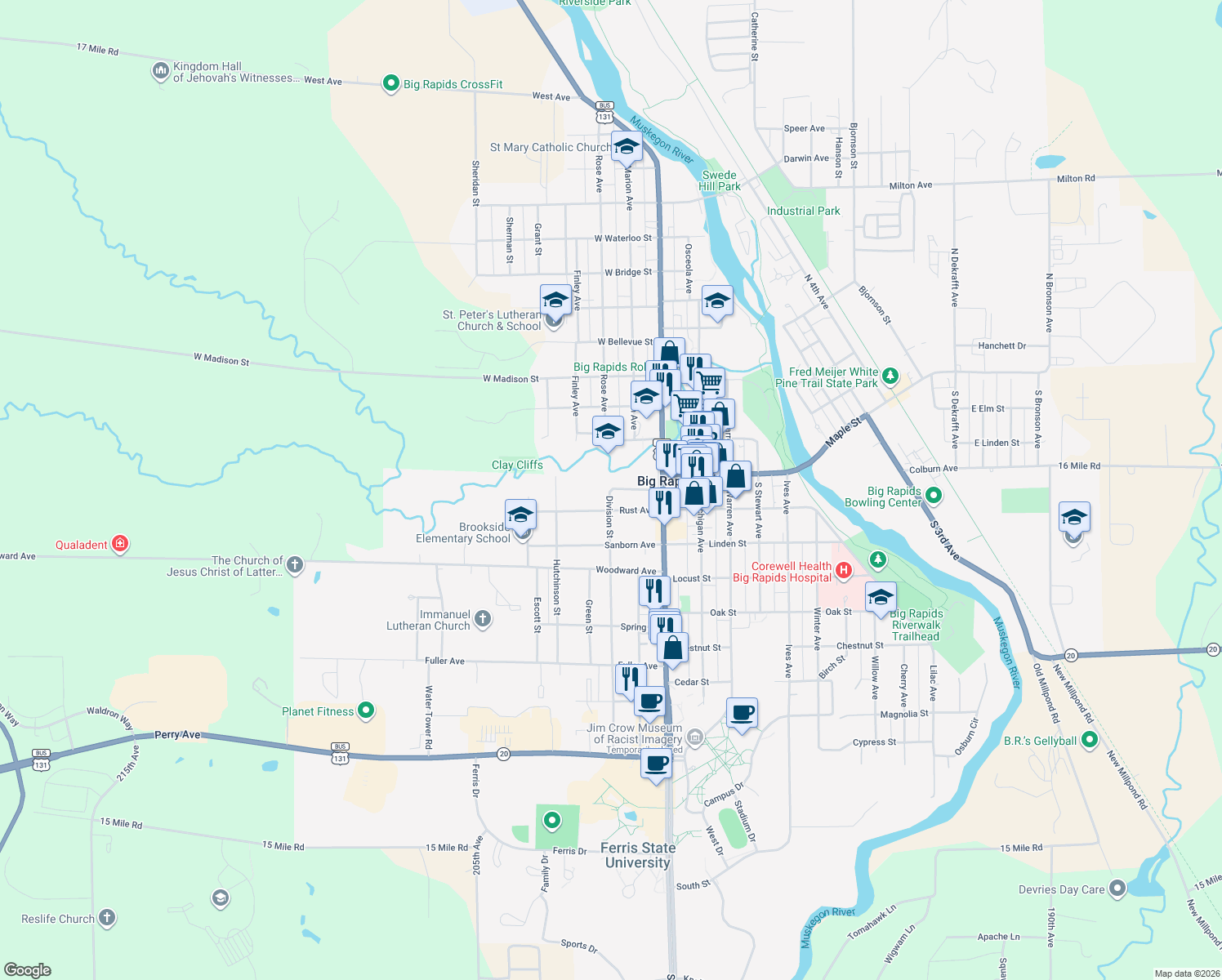 map of restaurants, bars, coffee shops, grocery stores, and more near 102 Division Street in Big Rapids