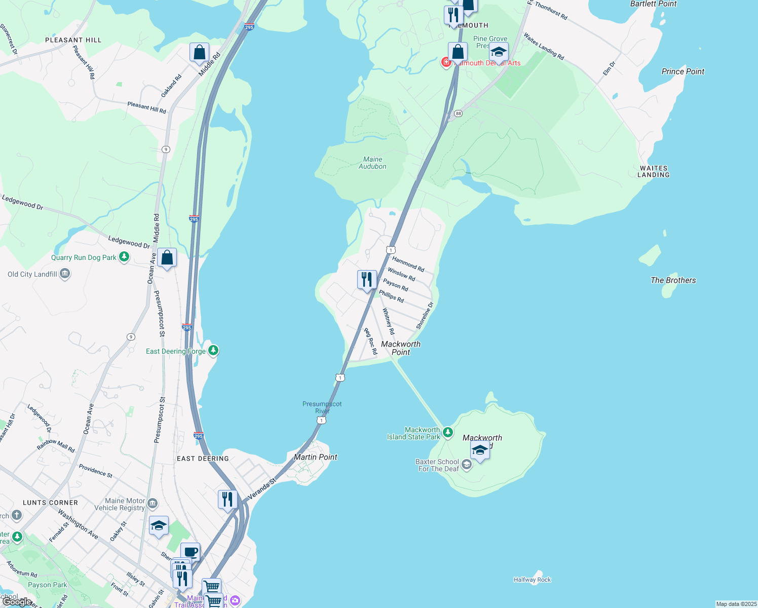 map of restaurants, bars, coffee shops, grocery stores, and more near 5 Whitney Rd in Falmouth