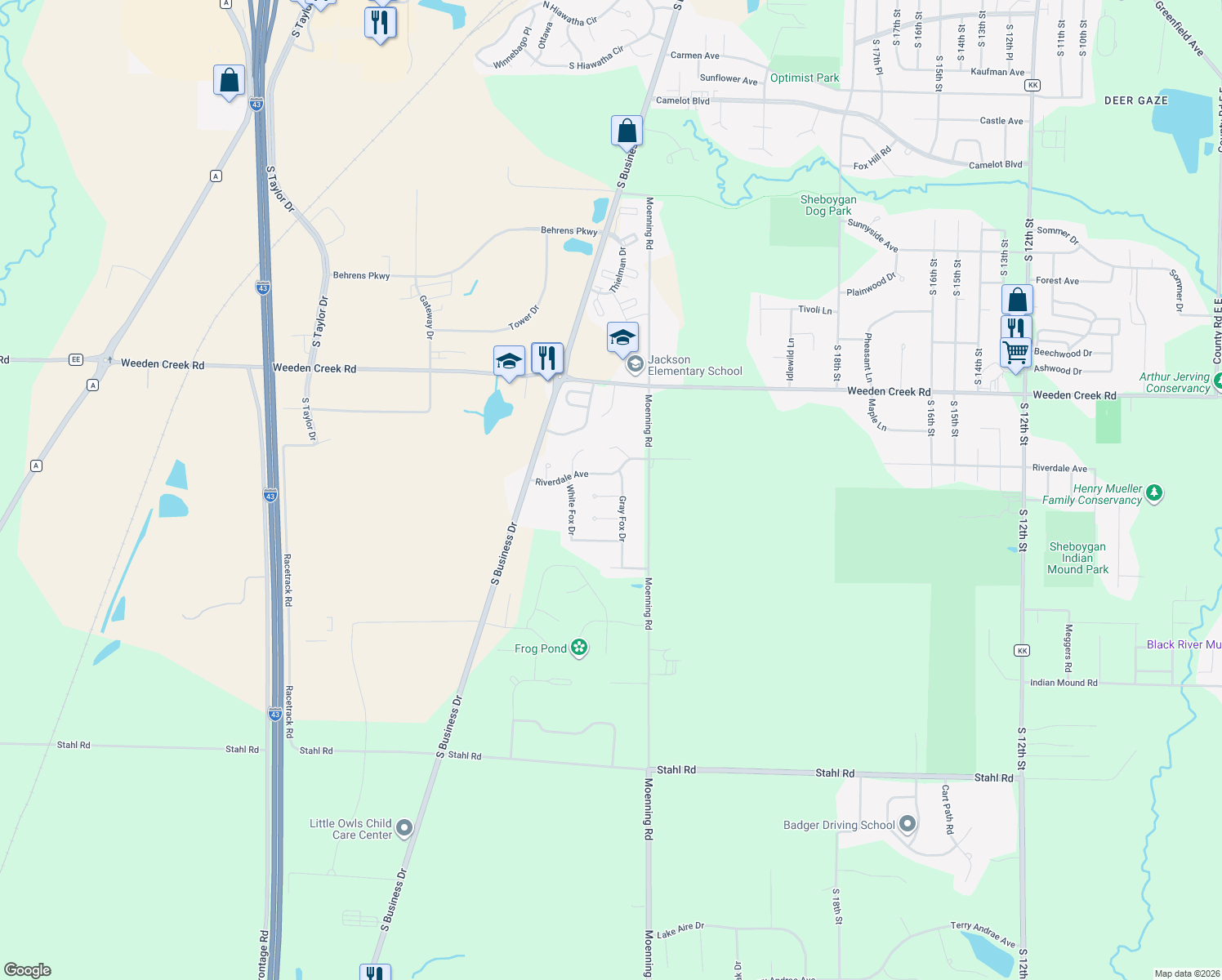 map of restaurants, bars, coffee shops, grocery stores, and more near 2614 Grey Fox Ct in Sheboygan