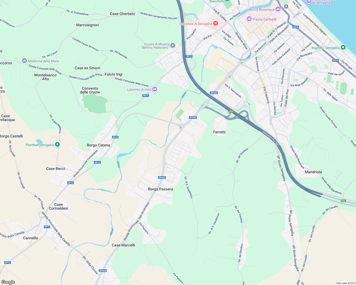 map of restaurants, bars, coffee shops, grocery stores, and more near 5 Via del Lavoro in Senigallia