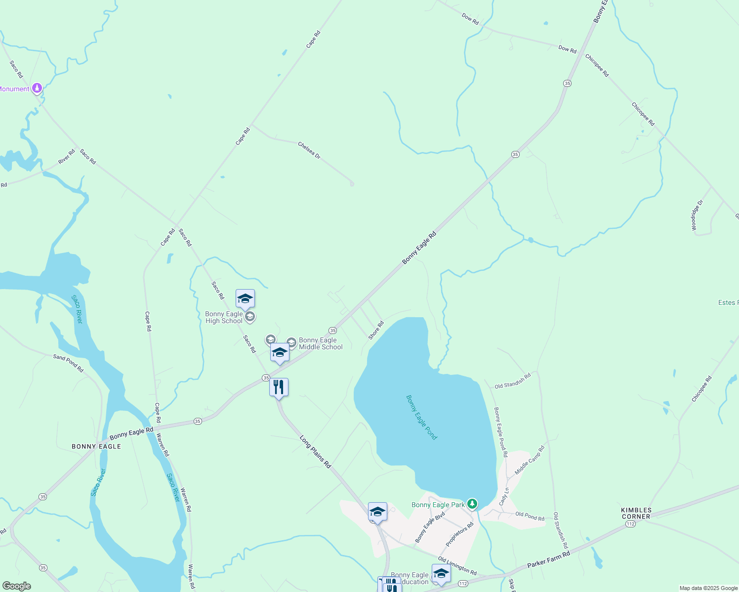 map of restaurants, bars, coffee shops, grocery stores, and more near 560 Bonny Eagle Road in Standish